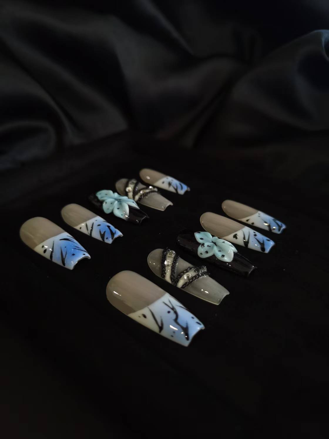 Handmade Acrylic 3D Flower Belt design Press on nails coffin square stiletto reusable durable NO:1027