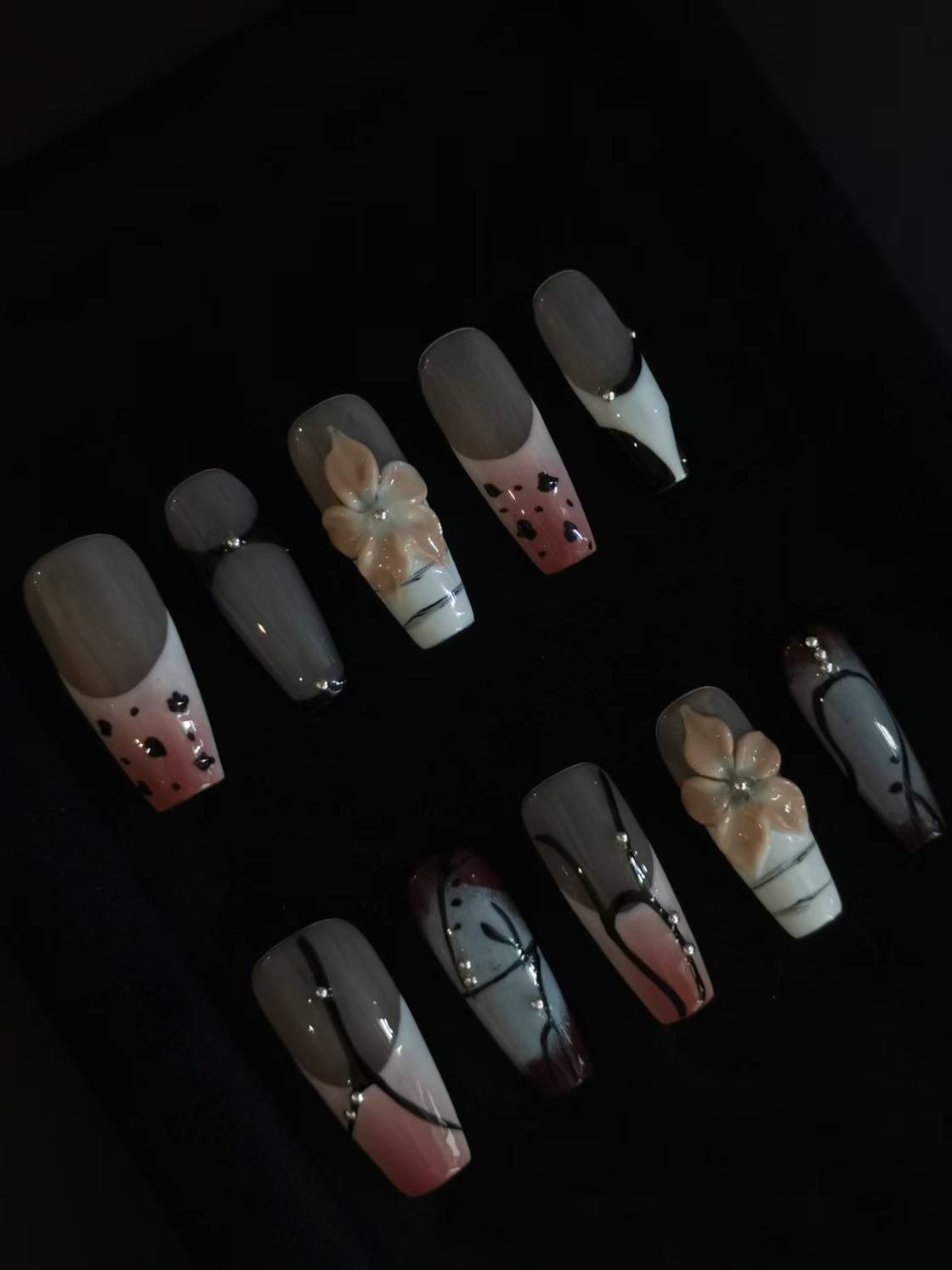 NO:1019 Acrylic Fall Autumn 3D Flower  Press on nails coffin square stiletto reusable durable trendy 2025