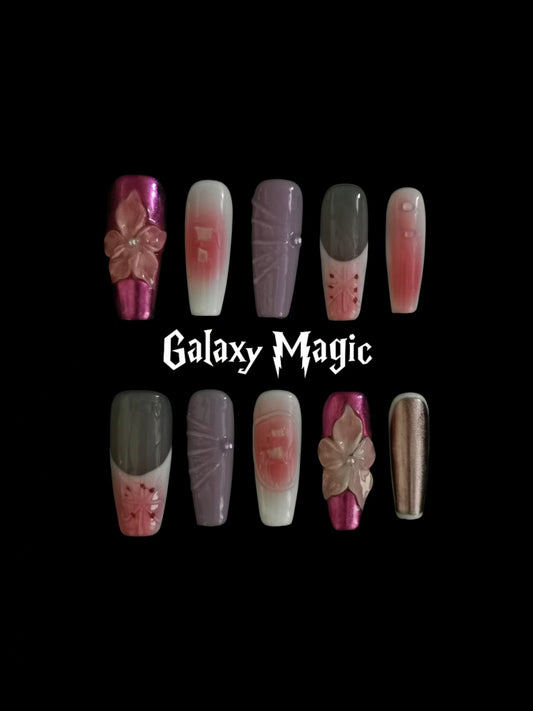 NO:1002 Acrylic 3D Flower Metallic Press on nails coffin square stiletto reusable durable trendy 2025