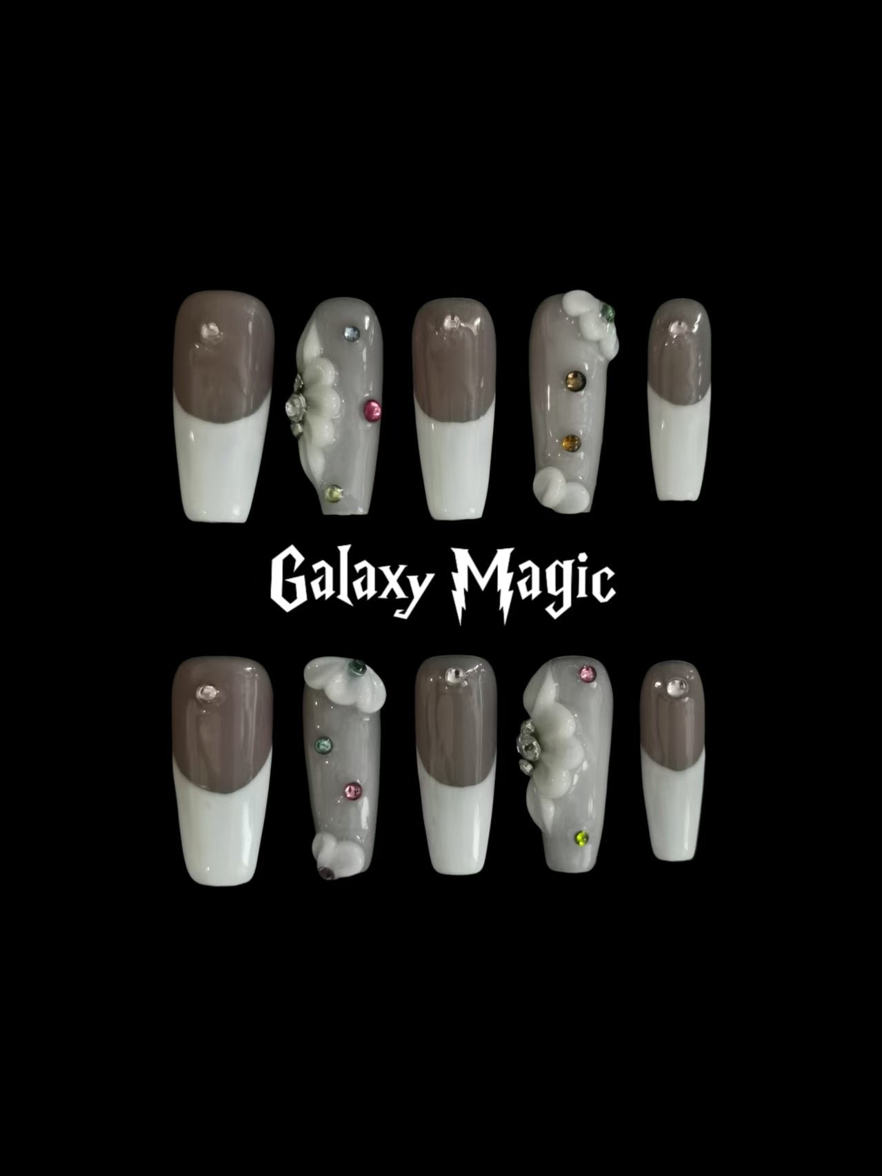 Handmade Acrylic 3D Flower Metallic Press on nails coffin stiletto reusable durable NO:1003