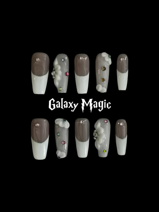 Handmade Acrylic 3D Flower Metallic Press on nails coffin stiletto reusable durable NO:1003