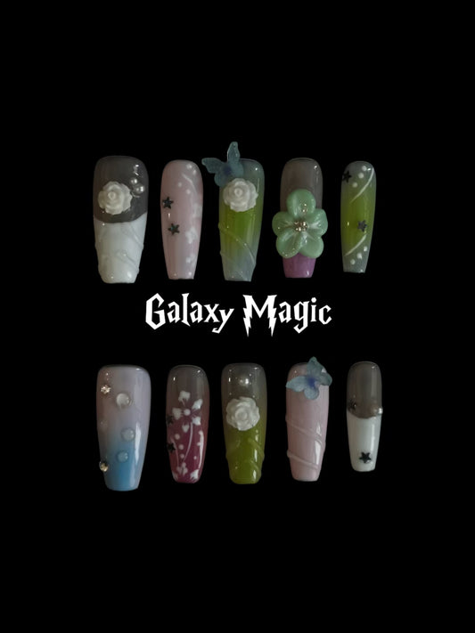 Handmade Acrylic 3D Flower macaron Press on nails coffin square stiletto reusable durable NO:1004