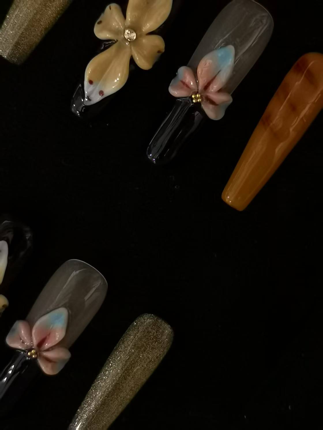 Handmade Acrylic 3D Flower design Press on nails coffin square stiletto reusable durable NO:1034