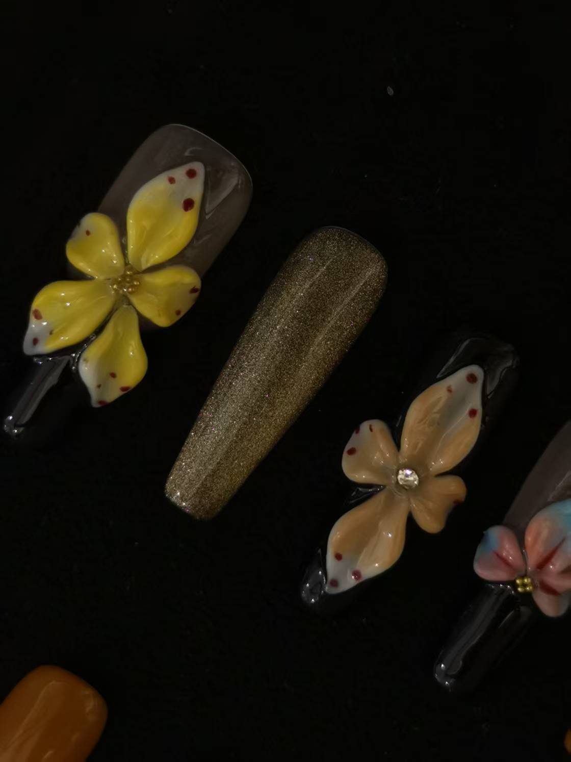 Handmade Acrylic 3D Flower design Press on nails coffin square stiletto reusable durable NO:1034