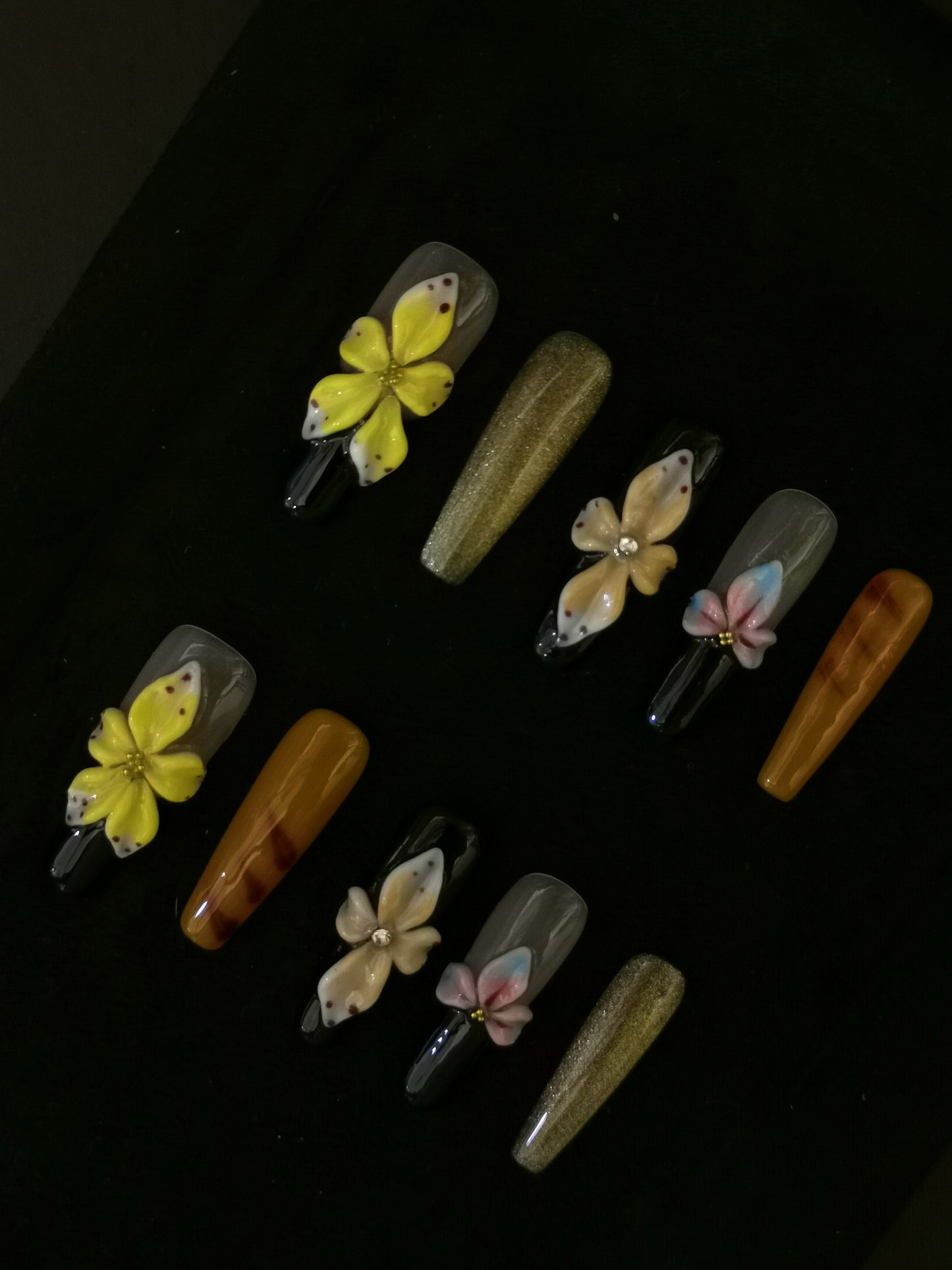 Handmade Acrylic 3D Flower design Press on nails coffin square stiletto reusable durable NO:1034