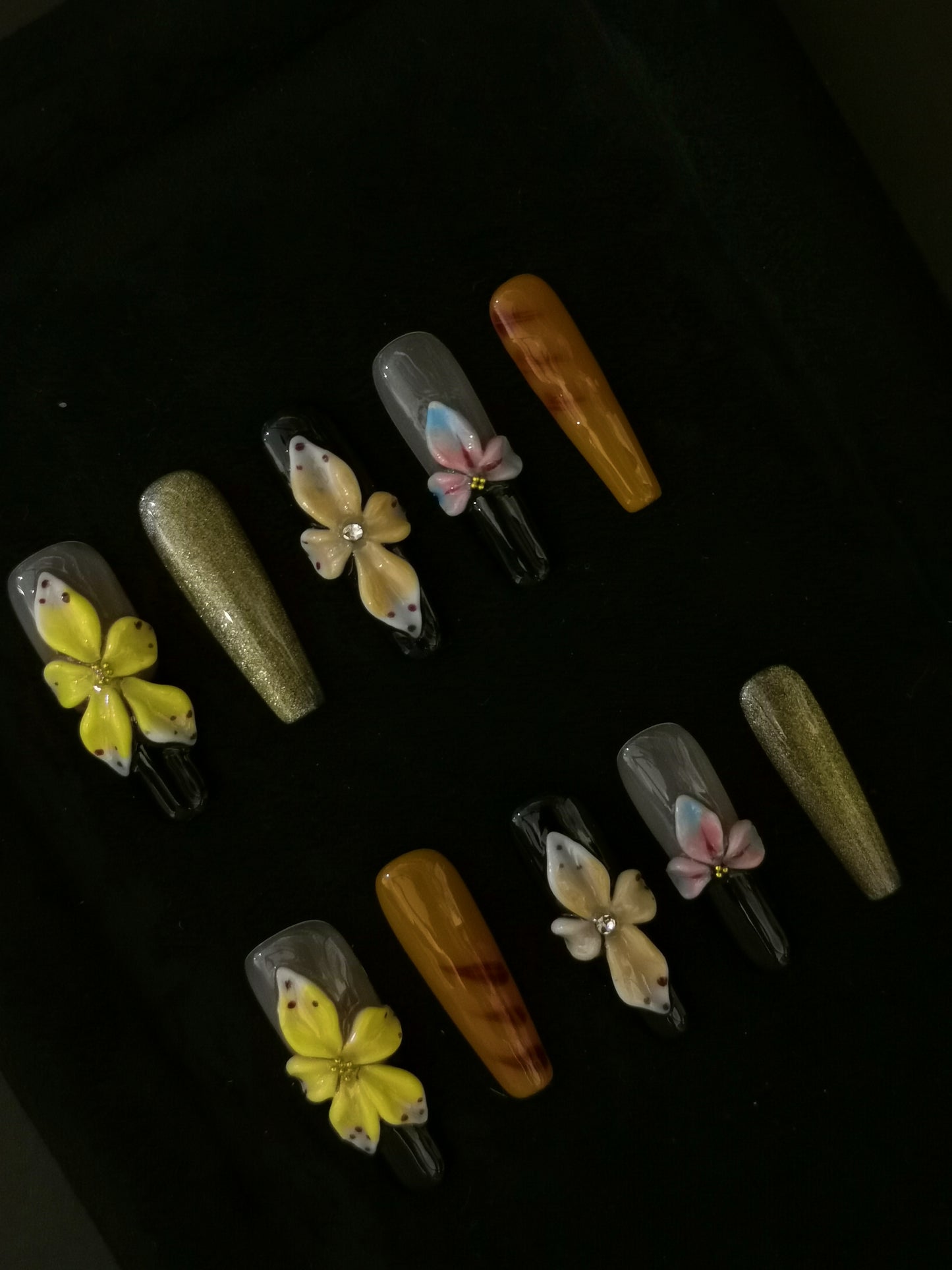 Handmade Acrylic 3D Flower design Press on nails coffin square stiletto reusable durable NO:1034