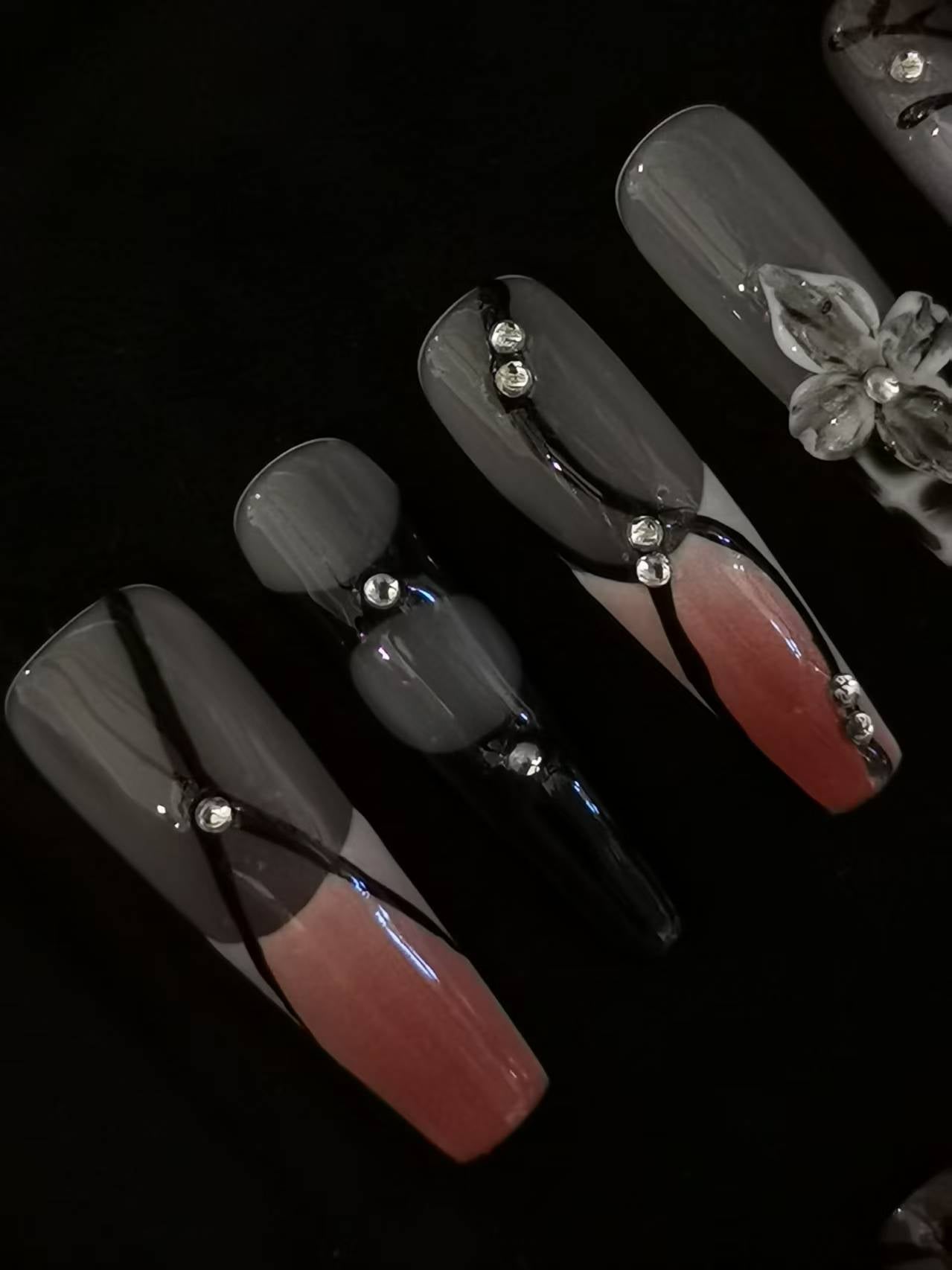 Handmade Acrylic 3D Flower Press on nails coffin square stiletto reusable durable NO:1048