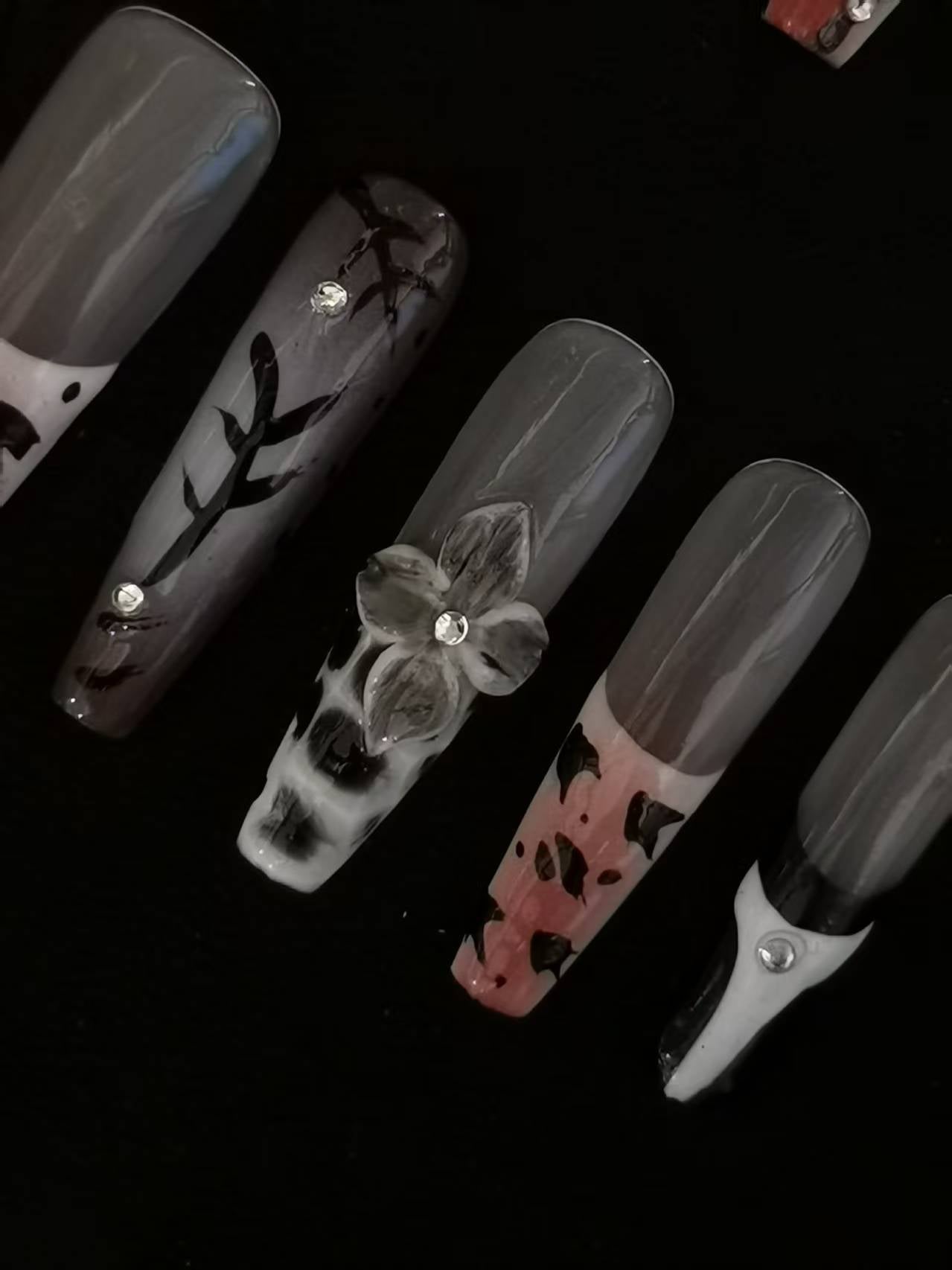 Handmade Acrylic 3D Flower Press on nails coffin square stiletto reusable durable NO:1048