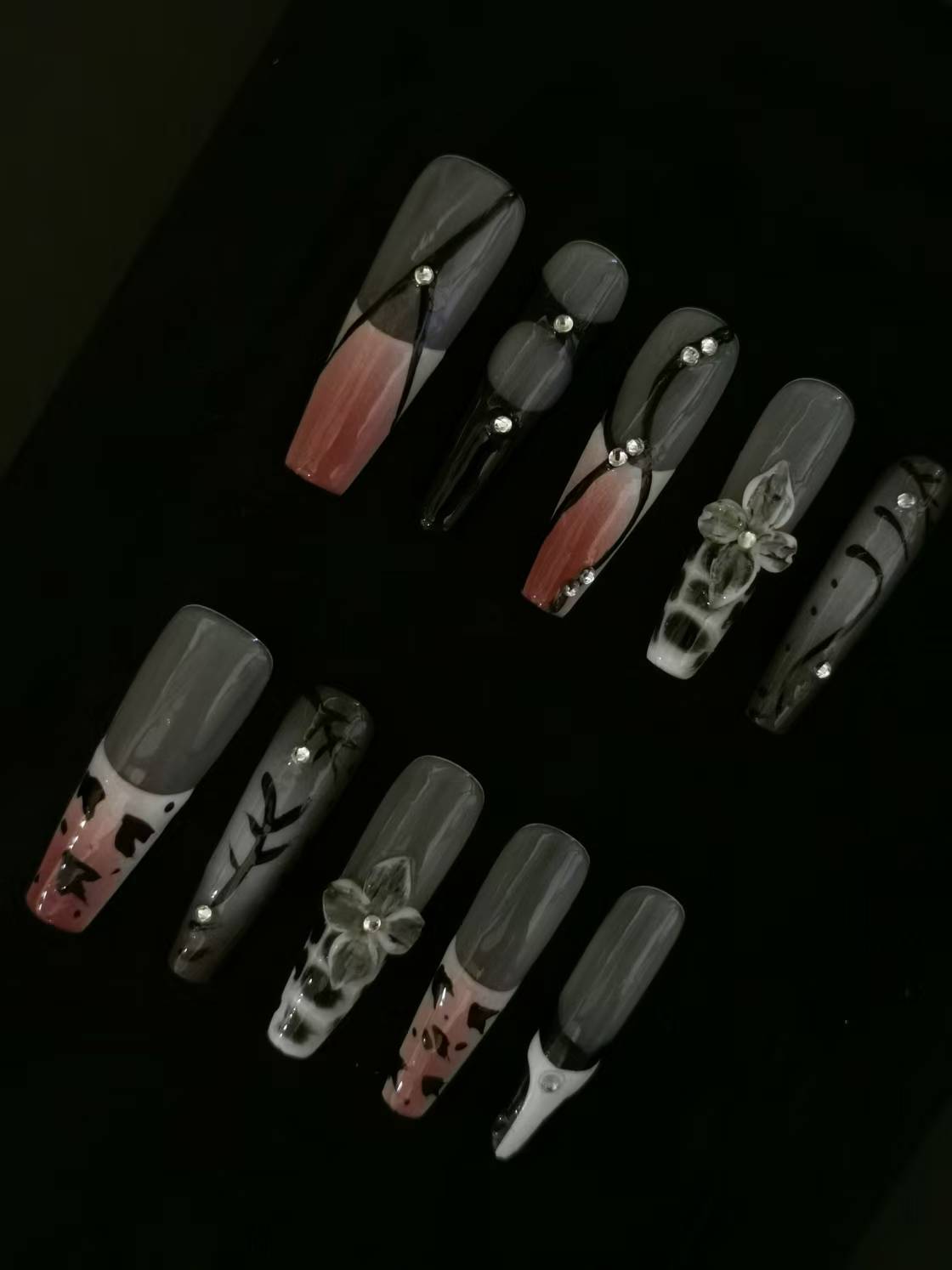 Handmade Acrylic 3D Flower Press on nails coffin square stiletto reusable durable NO:1048