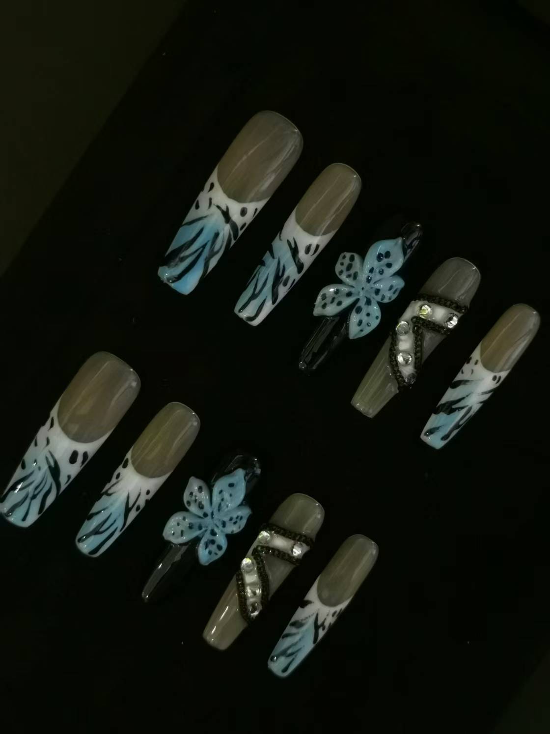 Handmade Acrylic 3D Flower Belt design Press on nails coffin square stiletto reusable durable NO:1027