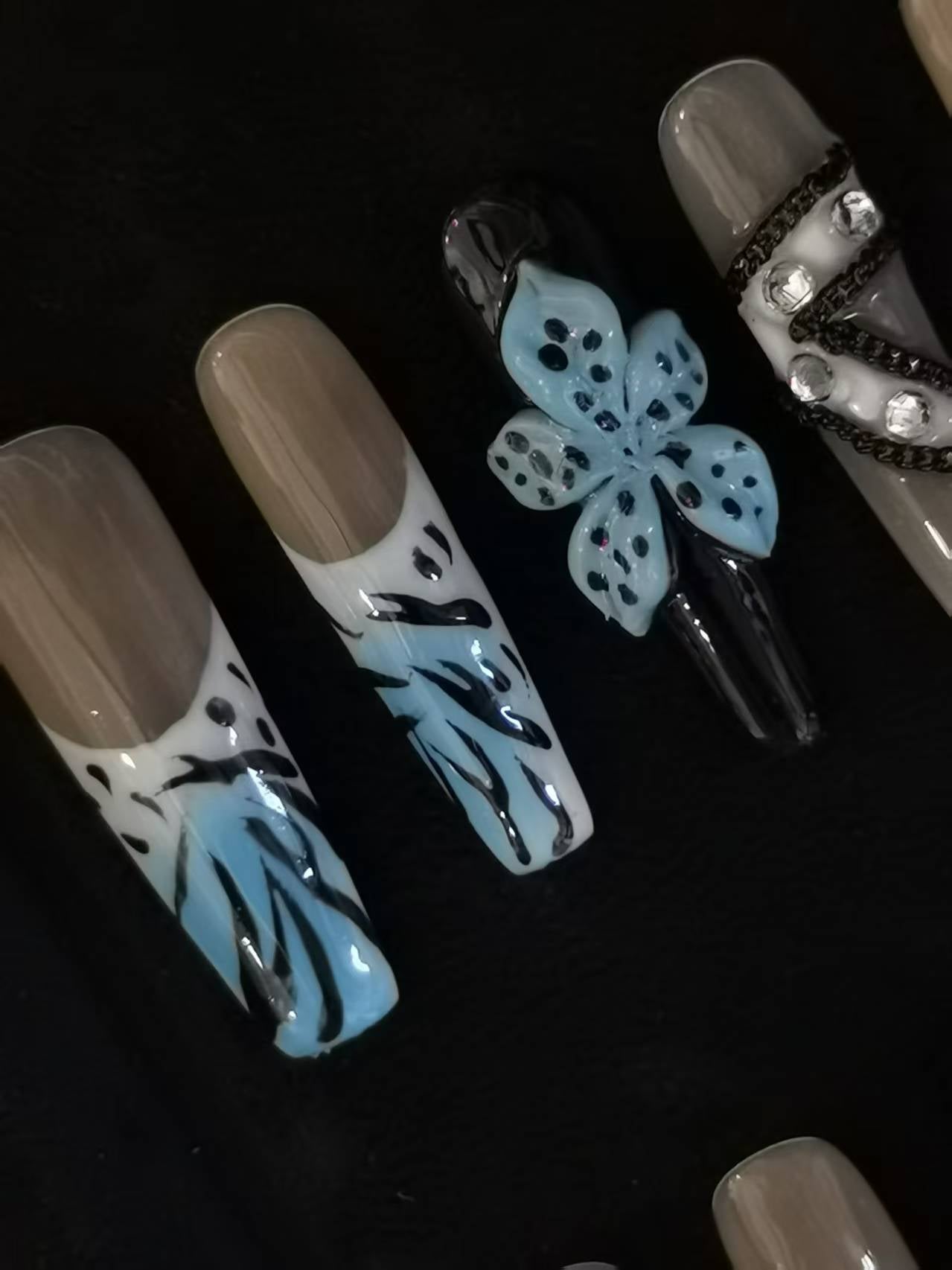 Handmade Acrylic 3D Flower Belt design Press on nails coffin square stiletto reusable durable NO:1027
