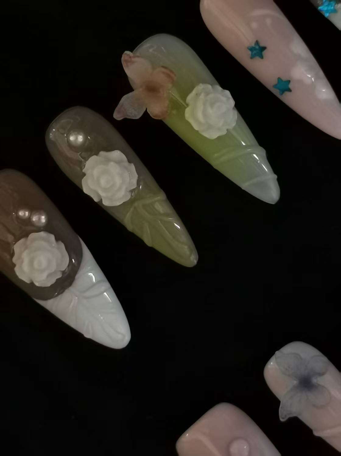 Handmade Acrylic 3D Flower macaron Press on nails coffin square stiletto reusable durable NO:1004
