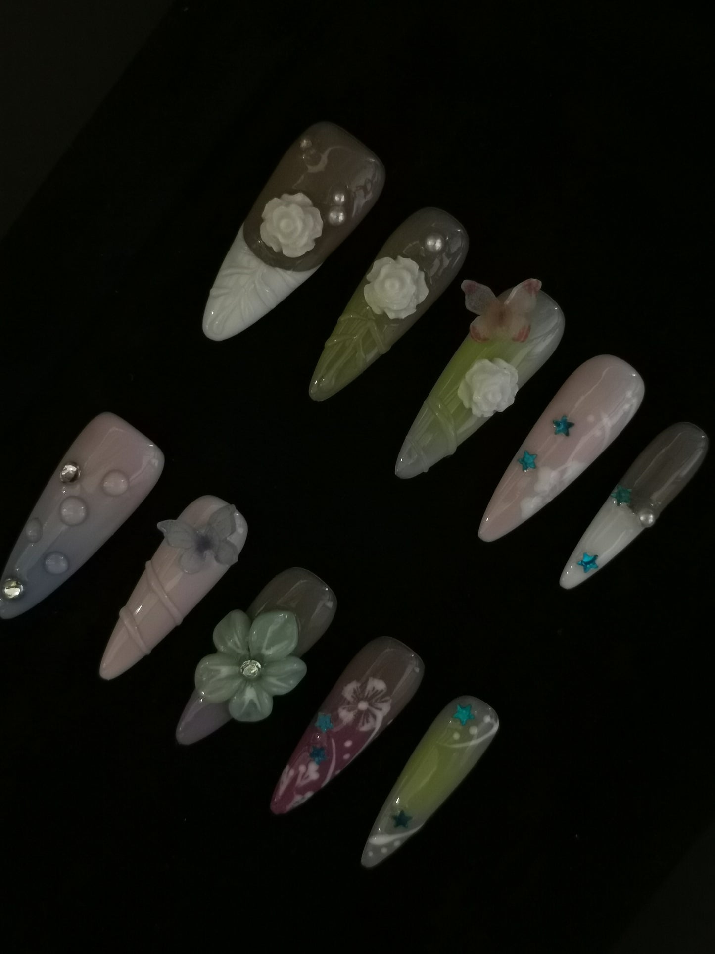 Handmade Acrylic 3D Flower macaron Press on nails coffin square stiletto reusable durable NO:1004
