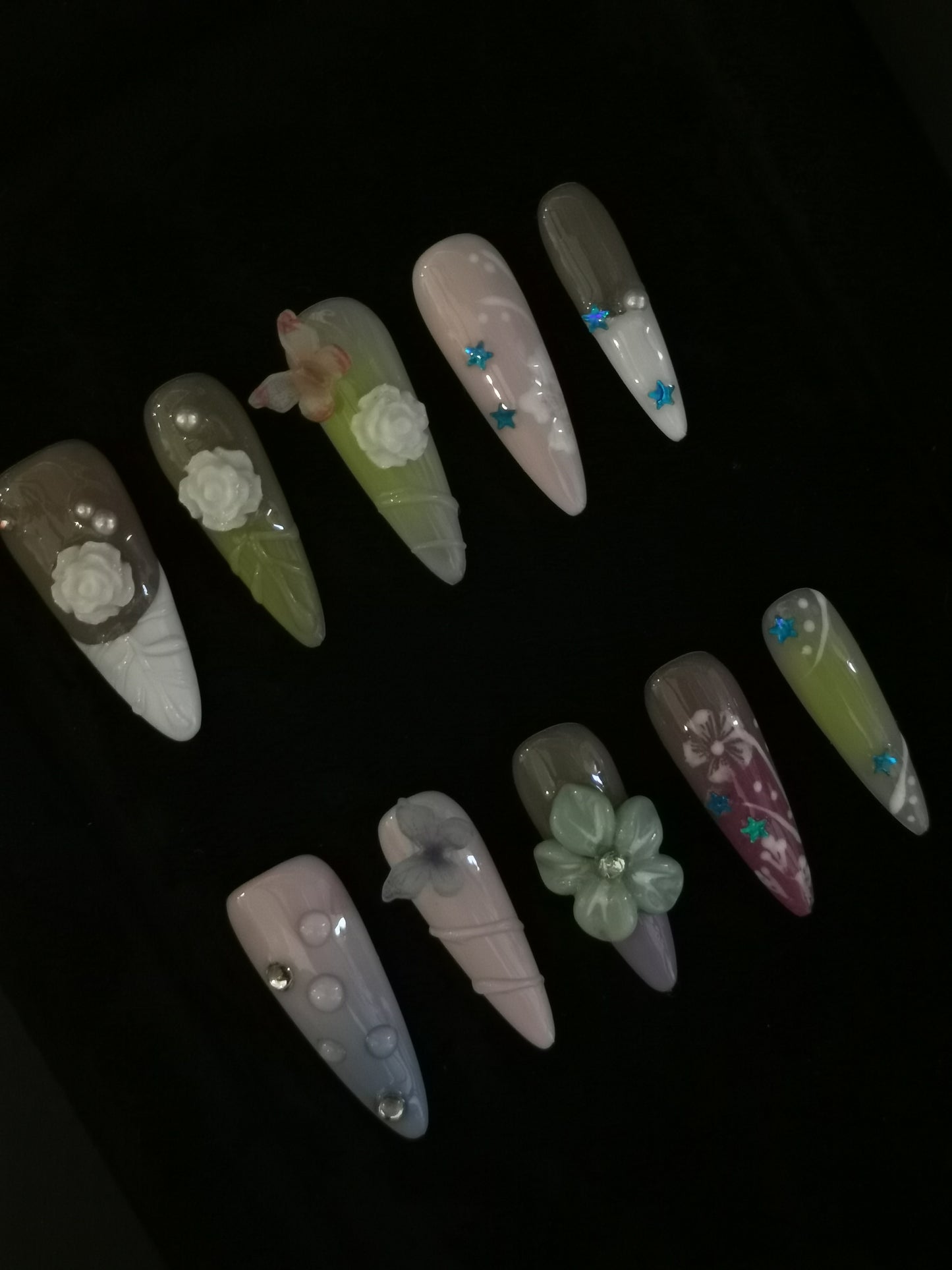 Handmade Acrylic 3D Flower macaron Press on nails coffin square stiletto reusable durable NO:1004
