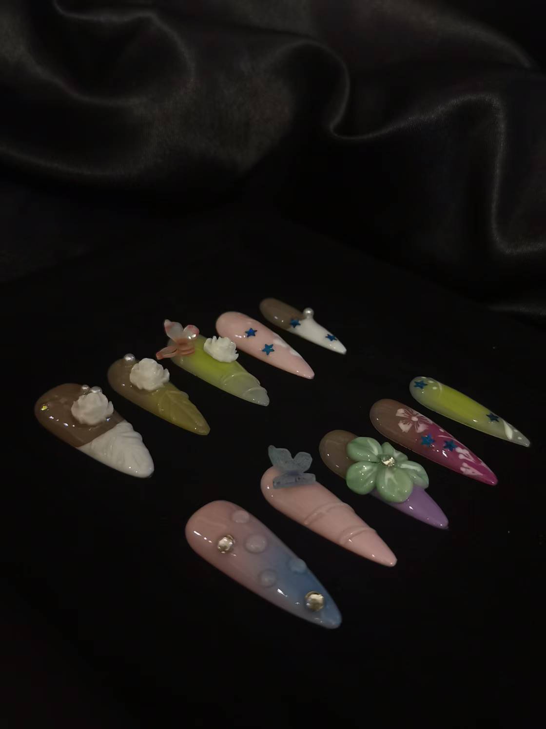 Handmade Acrylic 3D Flower macaron Press on nails coffin square stiletto reusable durable NO:1004