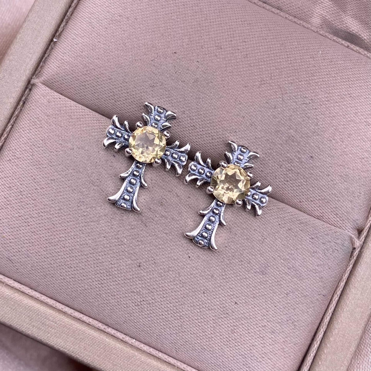 Citrine, peridot, garnet, south red, pink topaz, opal, cordierite, black opal, sea pattern stone, turquoise  cross earrings S925