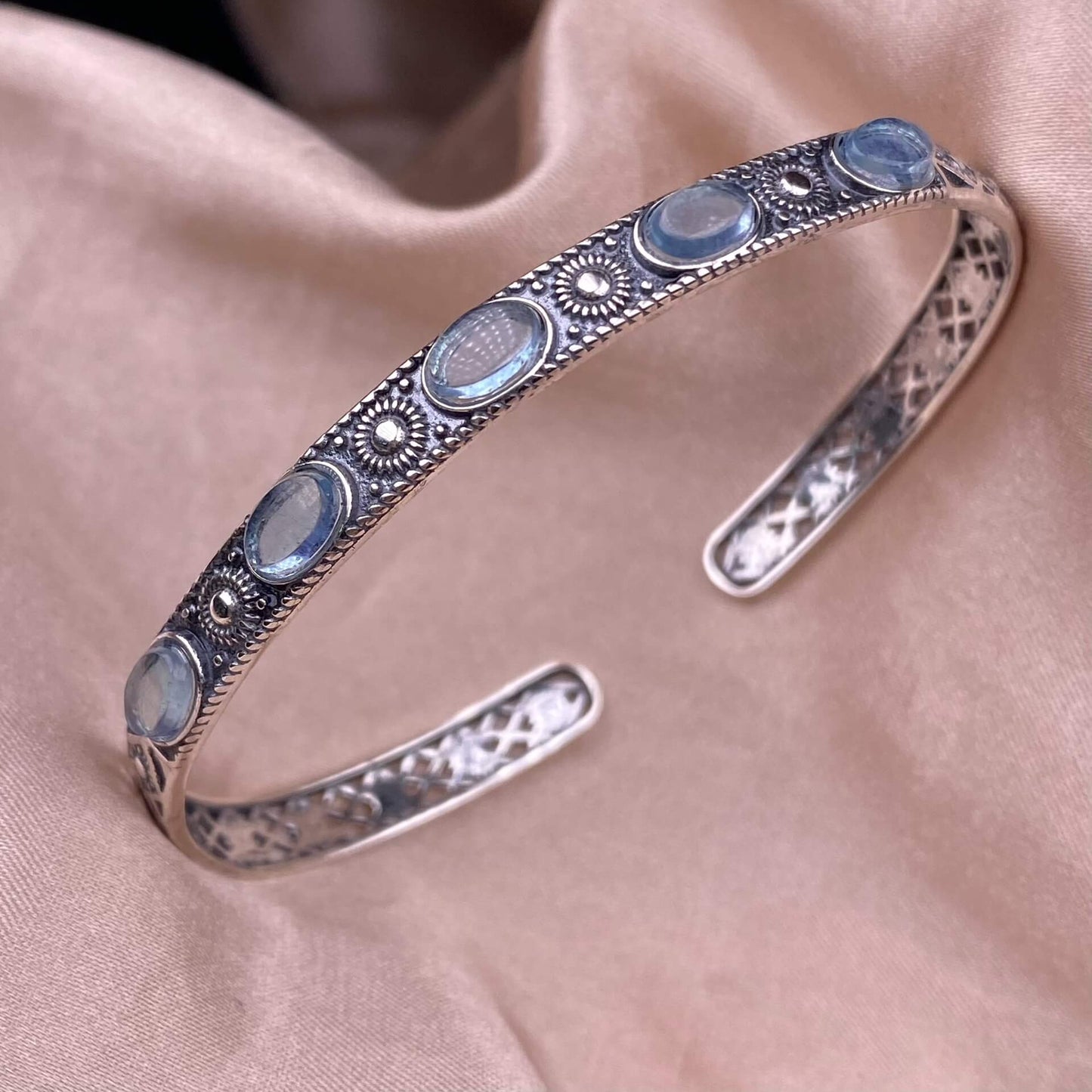 Black Opal,Turquoise, golden stone Blue Moonlight, lime feldspar, citrine, amethyst, aquamarine bangle bracelet S925, silver inlaid, retro open bracelet