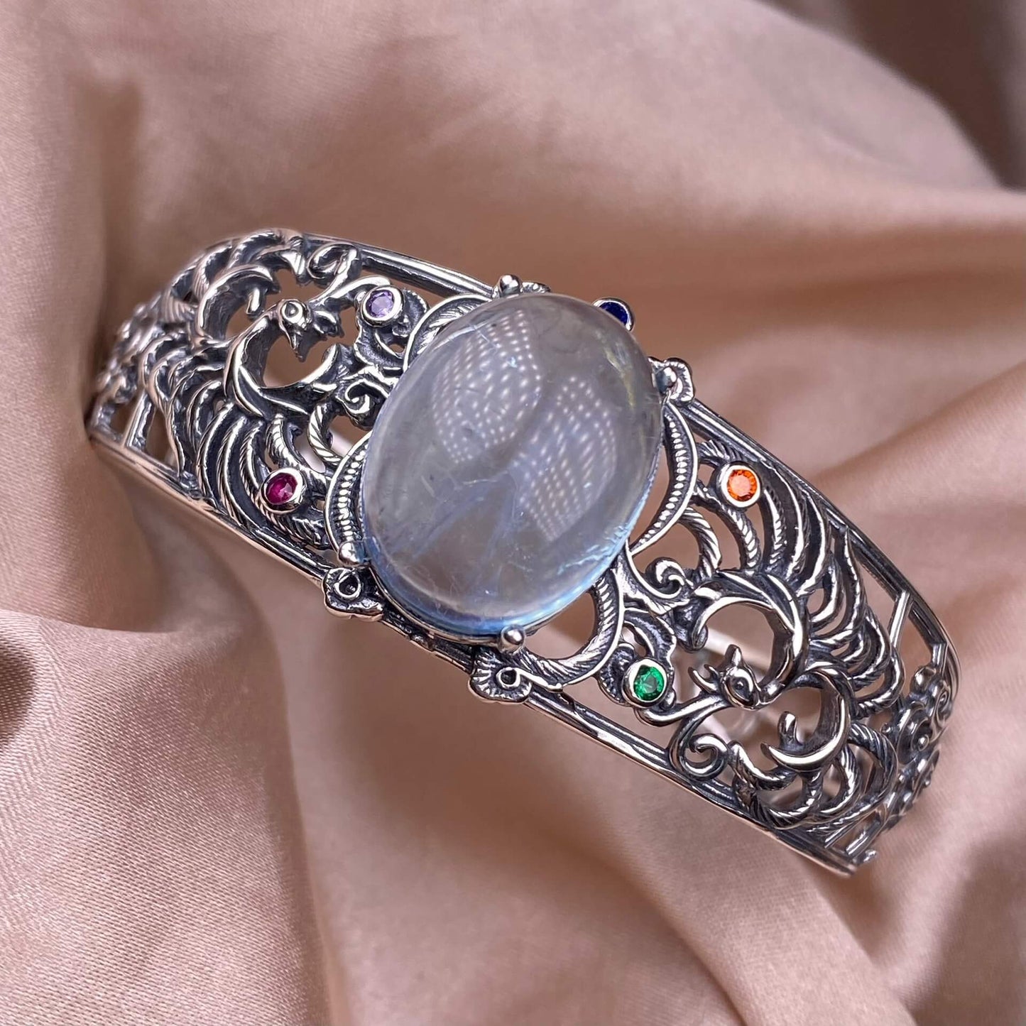 Purple dragon crystal, aquamarine bangle bracelet S925, silver inlaid, retro open bracelet