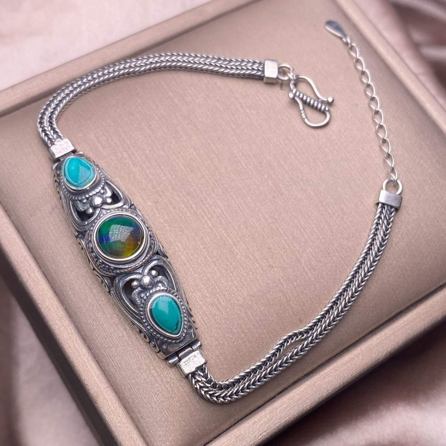 Black Opal Amethyst Lalima sea-patterned stone pink topa Opal s925 silver inlaid retro Nepalese style, exaggerated and niche Opal jewelry, dazzling and free of cracksry 2025 GMSB1