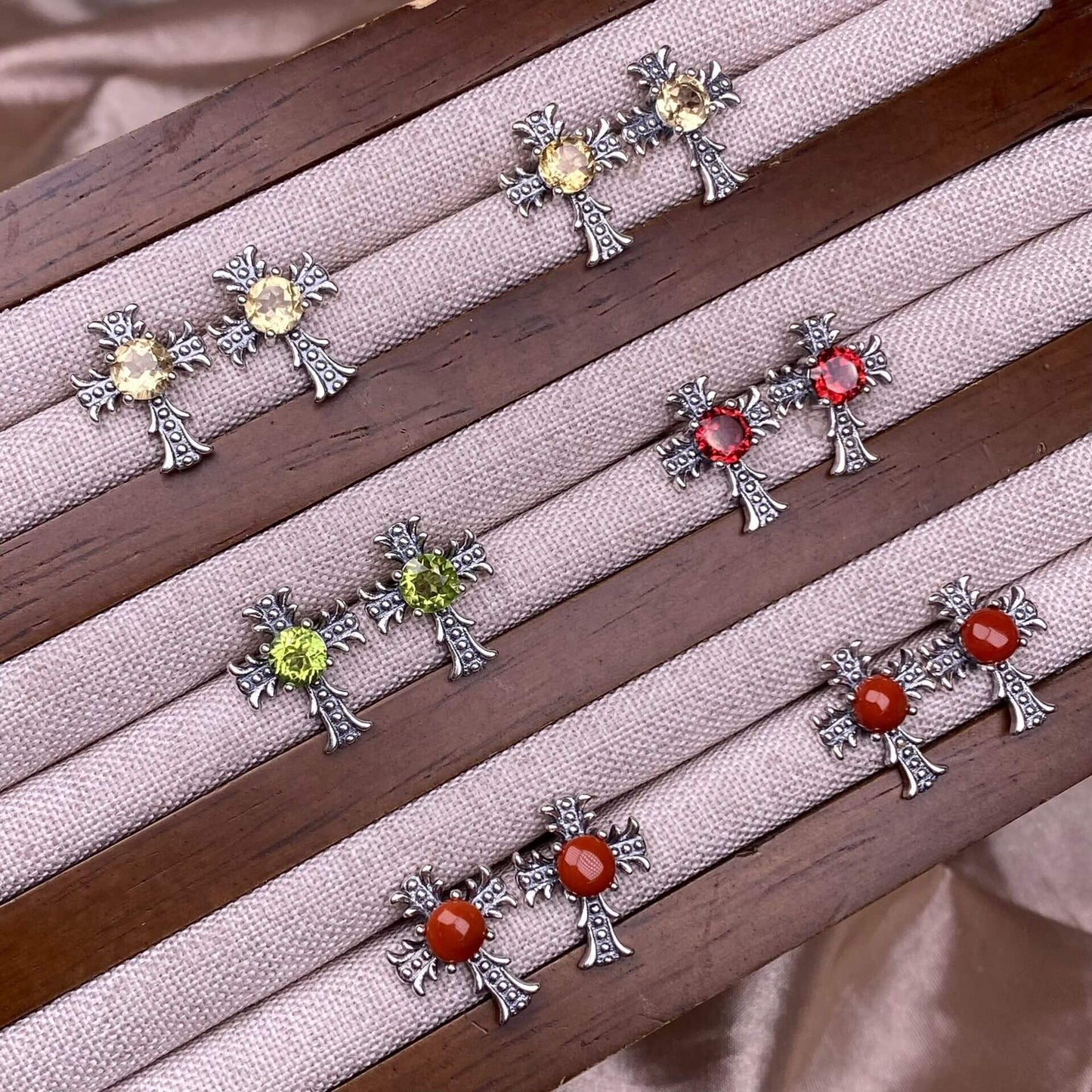 Citrine, peridot, garnet, south red, pink topaz, opal, cordierite, black opal, sea pattern stone, turquoise  cross earrings S925