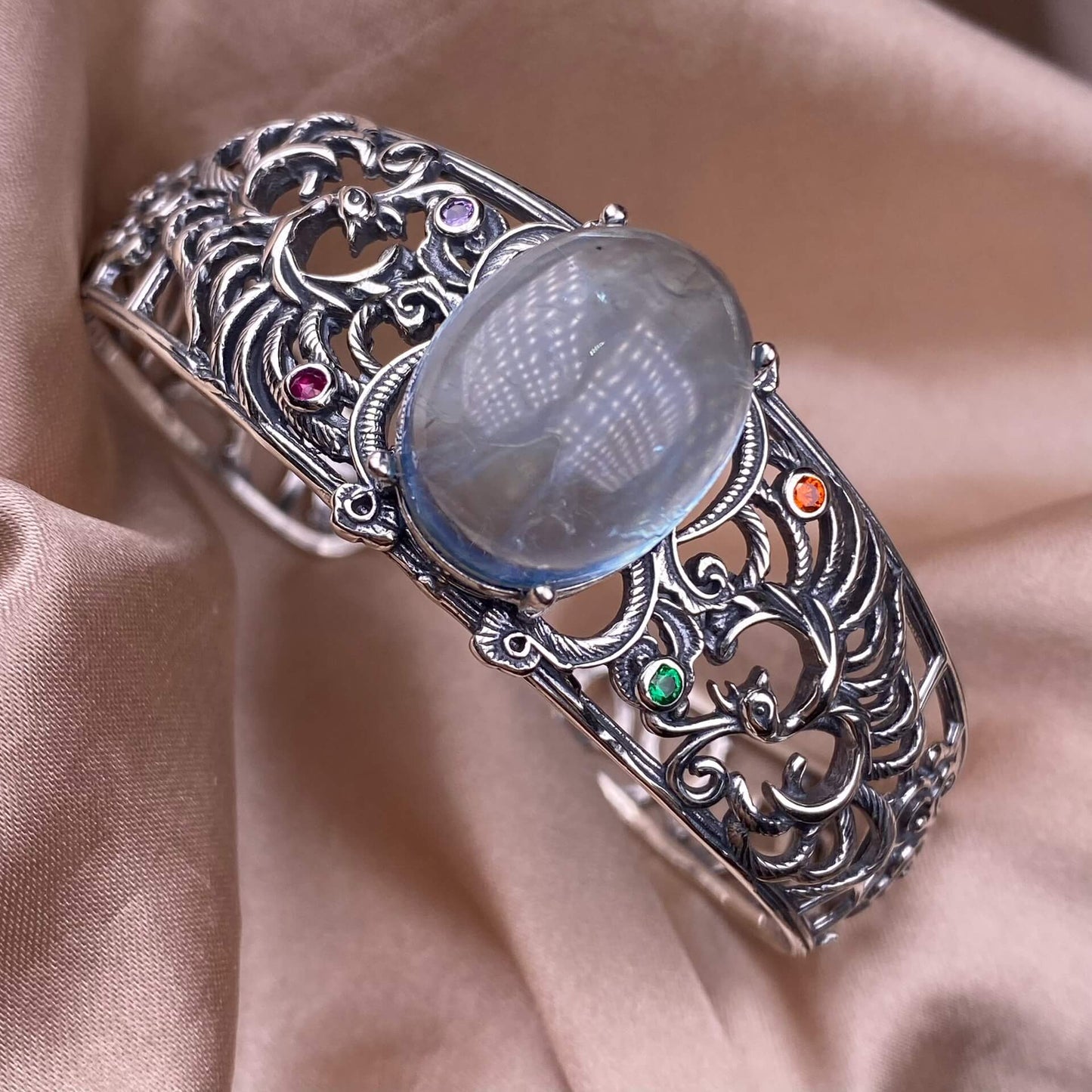 Purple dragon crystal, aquamarine bangle bracelet S925, silver inlaid, retro open bracelet