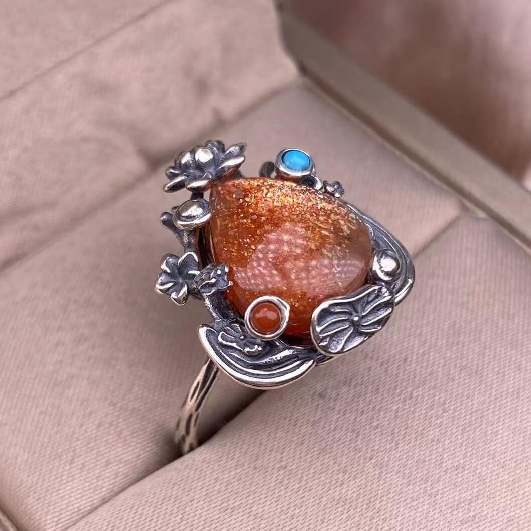 Aquamarine Lapis lazuli, raw blood amber, amethyst, golden sun, purple dragon crystal ring s925, silver inlaid with retro silver, exquisite Nepalese aged women's jewelry, European and American cross-border ring