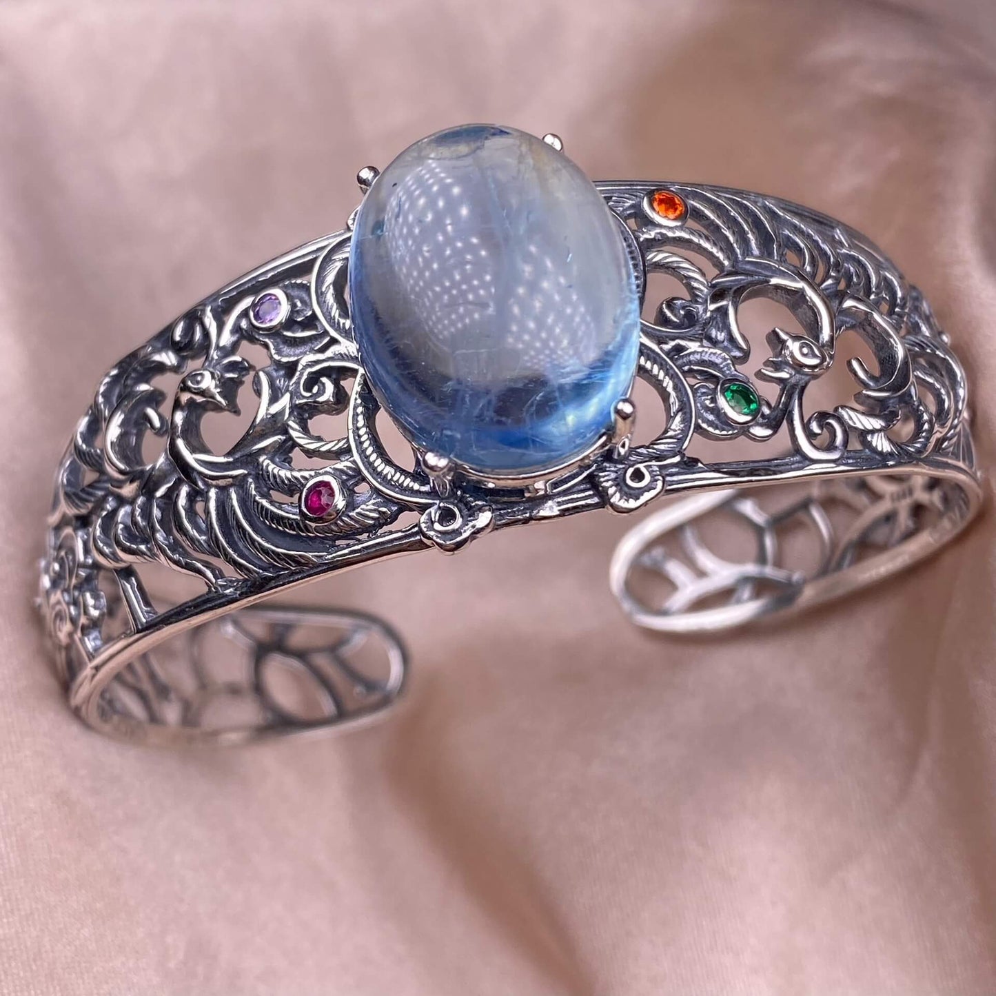 Purple dragon crystal, aquamarine bangle bracelet S925, silver inlaid, retro open bracelet