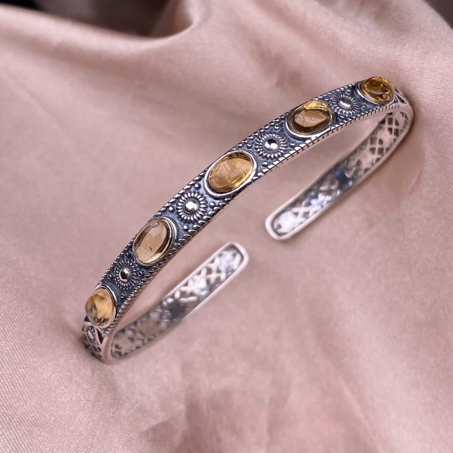 Black Opal,Turquoise, golden stone Blue Moonlight, lime feldspar, citrine, amethyst, aquamarine bangle bracelet S925, silver inlaid, retro open bracelet