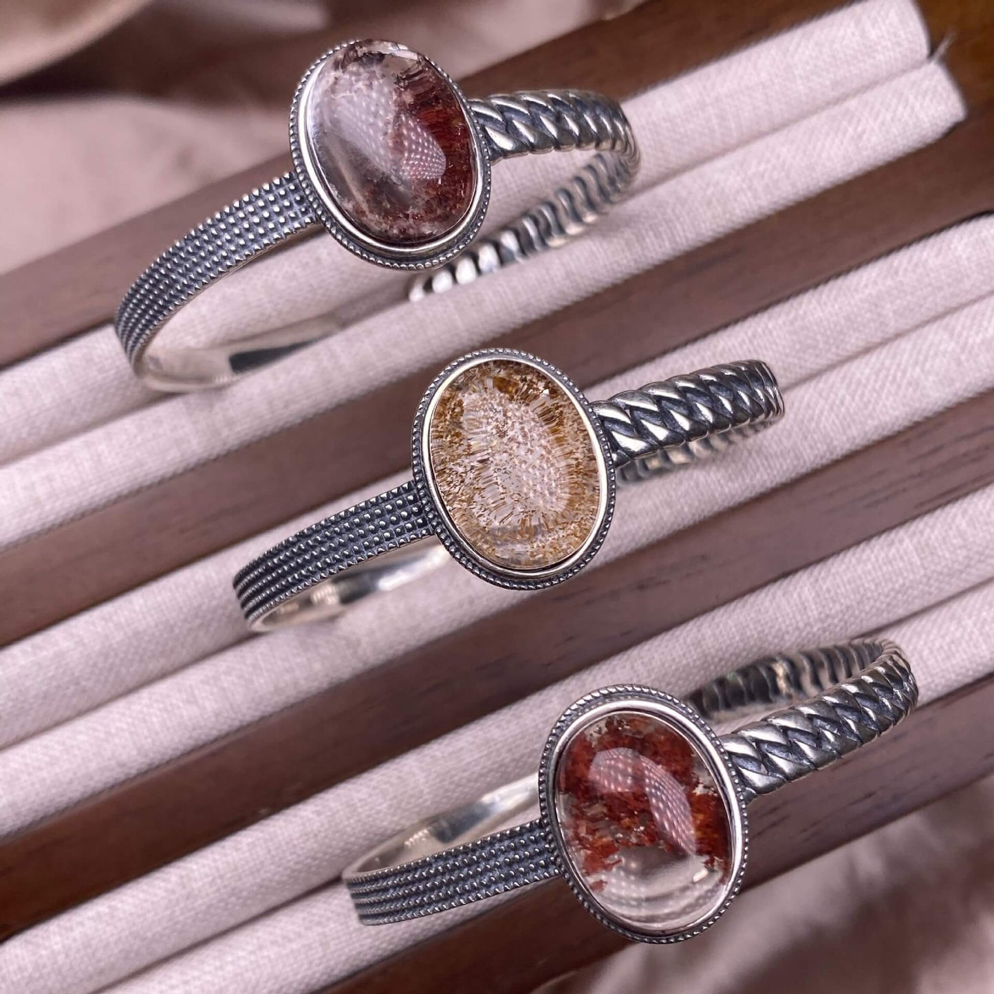 Ghost, Blue Moonlight, Old Wax, Aquamarine bangle bracelet S925, silver inlaid, retro open bracelet