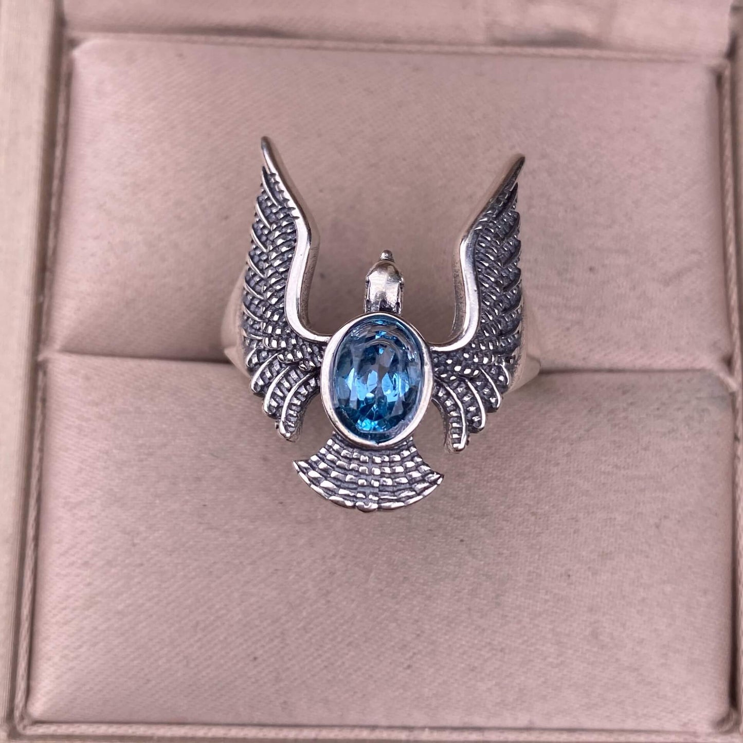 London blue topaz, Swiss blue topaz, grey moonstone, Golden Fortune stone ring S925 in silver eagle shaped silveer ring