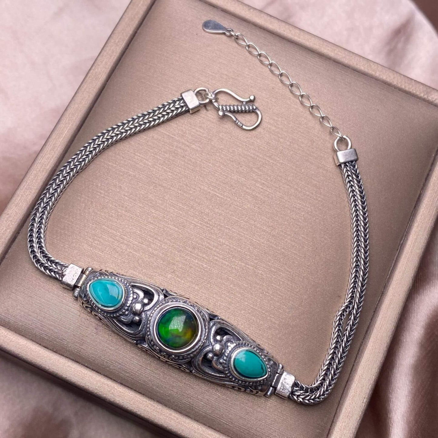 Black Opal Amethyst Lalima sea-patterned stone pink topa Opal s925 silver inlaid retro Nepalese style, exaggerated and niche Opal jewelry, dazzling and free of cracksry 2025 GMSB1