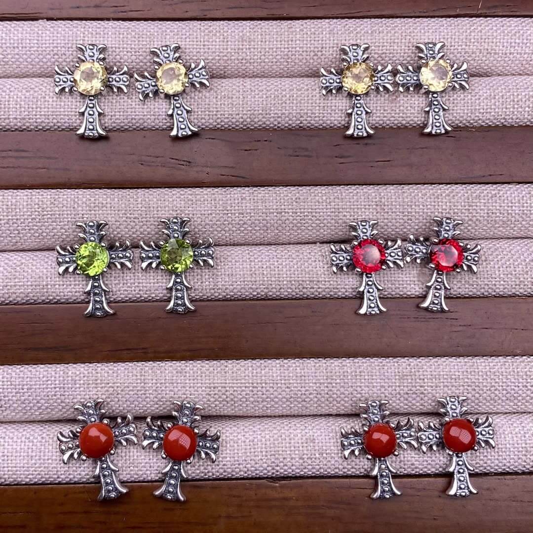Citrine, peridot, garnet, south red, pink topaz, opal, cordierite, black opal, sea pattern stone, turquoise  cross earrings S925