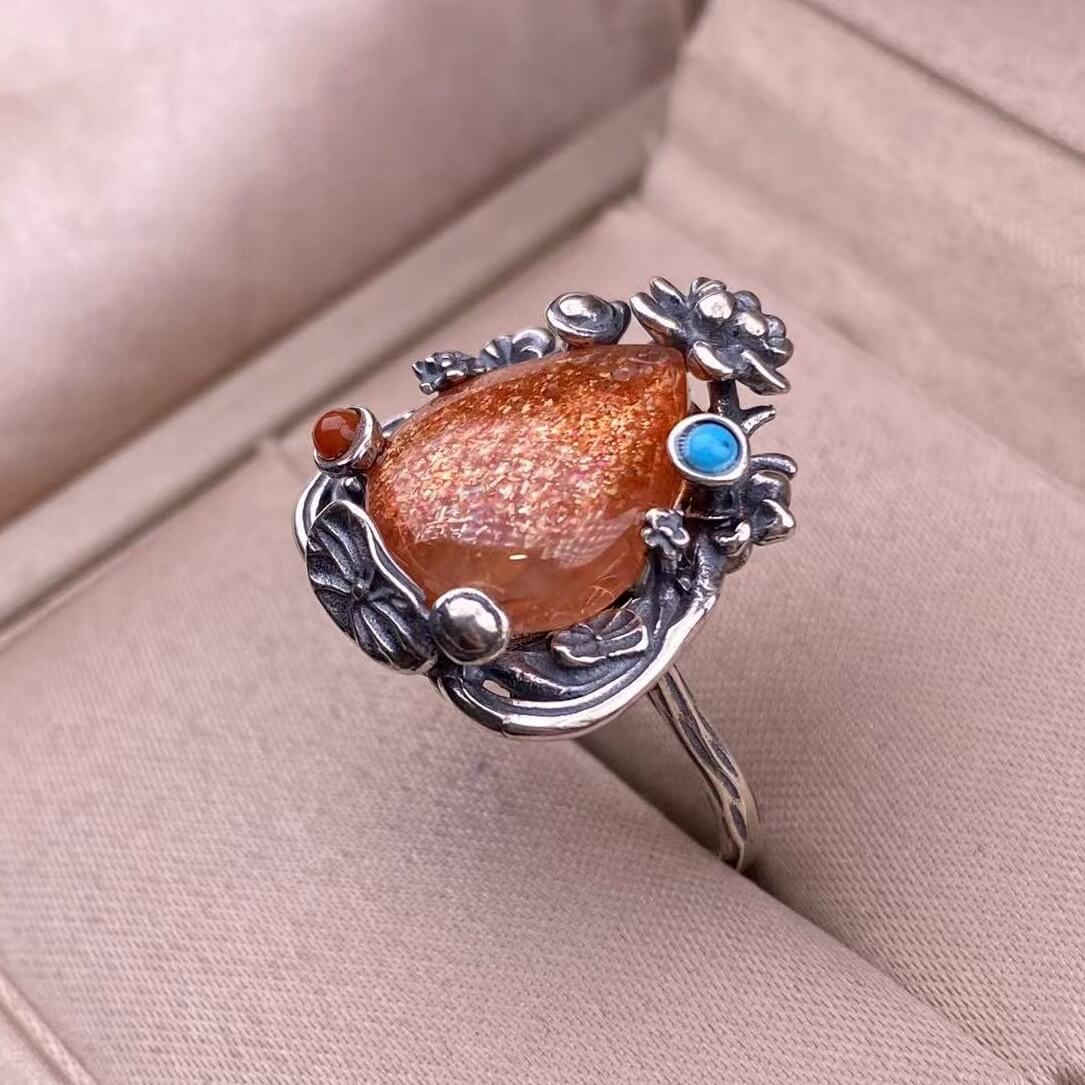 Aquamarine Lapis lazuli, raw blood amber, amethyst, golden sun, purple dragon crystal ring s925, silver inlaid with retro silver, exquisite Nepalese aged women's jewelry, European and American cross-border ring