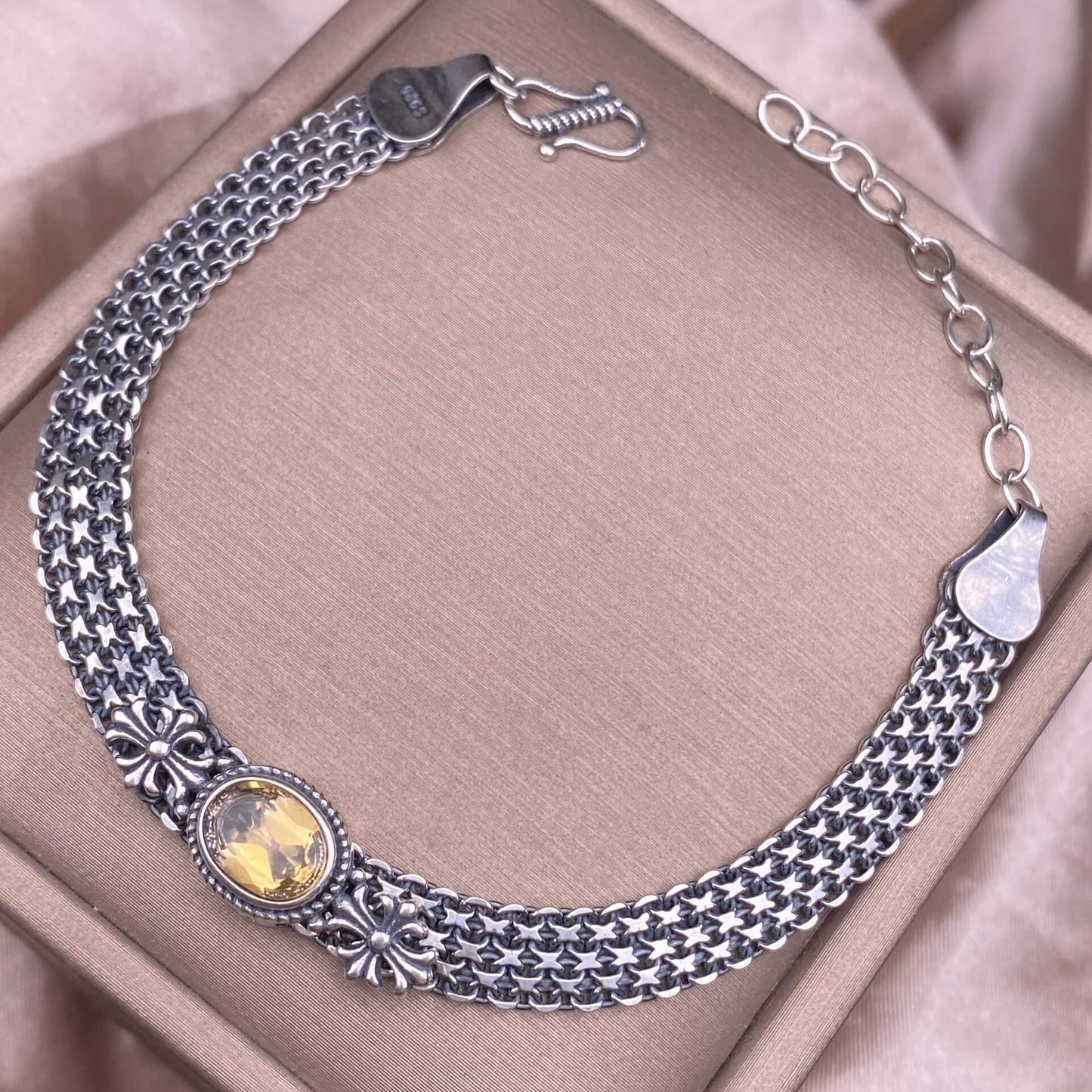 Ghost Amber Sea pattern stone, grape stone, Golden Sun, blue crystal stone, abalone shell, old wax, purple dragon crystal, black opal, golden fortune stone, yellow crystal, opal Bracelet S925 silver inlaid retro silver jewelry Wide Tank Chain