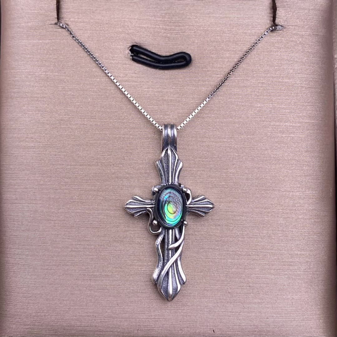 Opal, abalone shell, Larima sea crest stone, grey moonstone, aquamarine, jasper, citrine, turquoise, old waxS925 silver inlaid retro silver cross pendant, aged, personalized and fashionable OL necklace Pendant