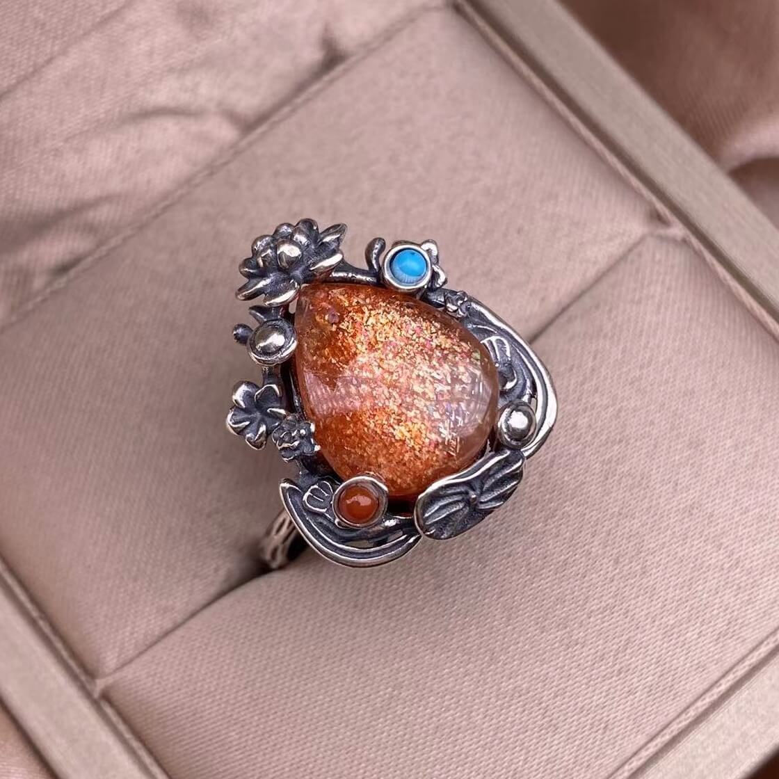 Aquamarine Lapis lazuli, raw blood amber, amethyst, golden sun, purple dragon crystal ring s925, silver inlaid with retro silver, exquisite Nepalese aged women's jewelry, European and American cross-border ring