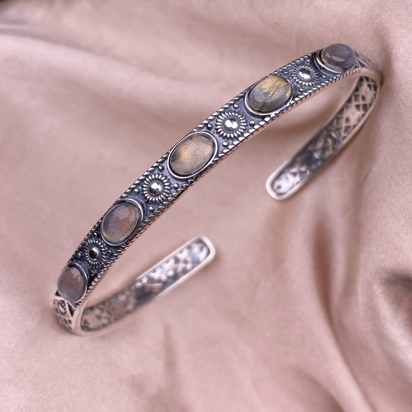 Black Opal,Turquoise, golden stone Blue Moonlight, lime feldspar, citrine, amethyst, aquamarine bangle bracelet S925, silver inlaid, retro open bracelet