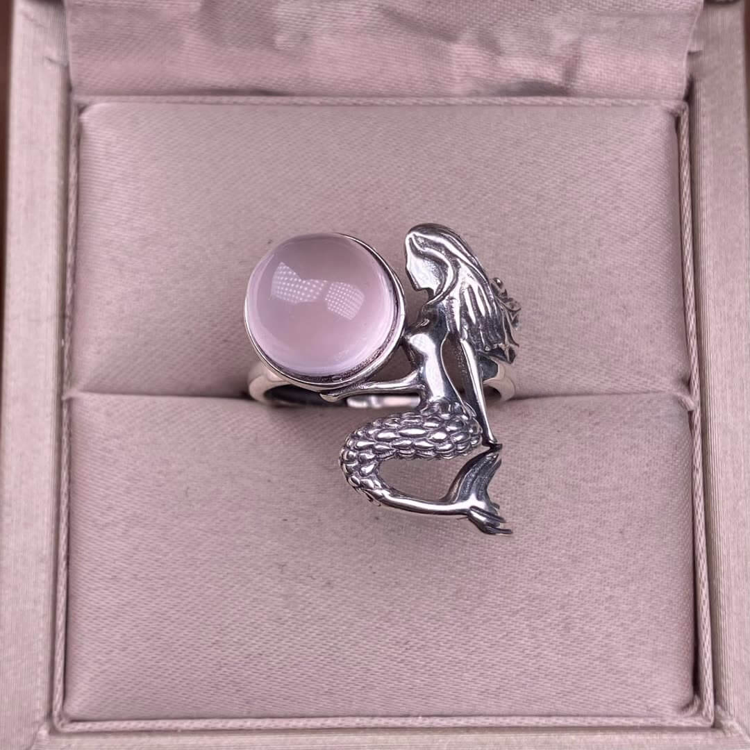 Old wax, amethyst, ghost, garnet, rose quartz golden fortune stone ring S925 in silver, mermaid shaped Silver
