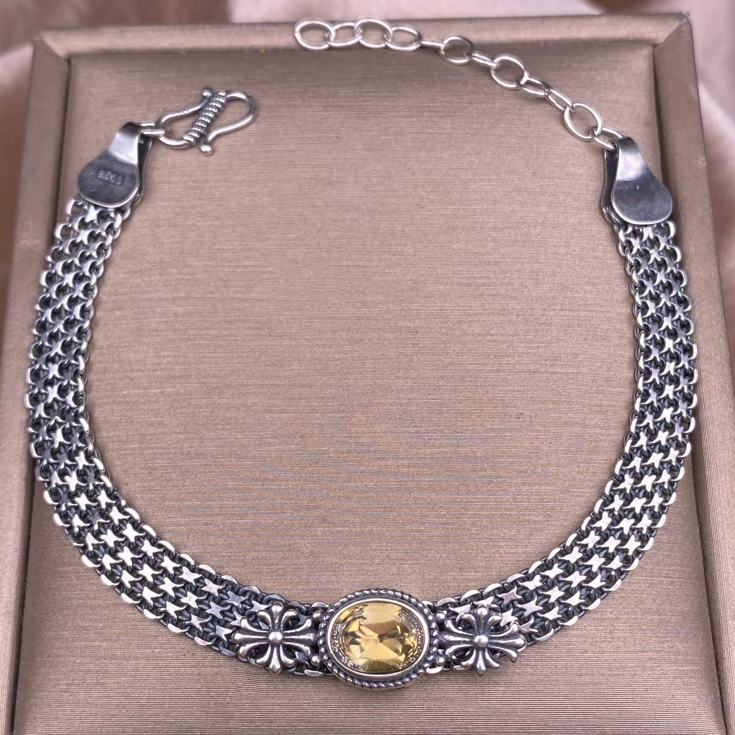 Ghost Amber Sea pattern stone, grape stone, Golden Sun, blue crystal stone, abalone shell, old wax, purple dragon crystal, black opal, golden fortune stone, yellow crystal, opal Bracelet S925 silver inlaid retro silver jewelry Wide Tank Chain