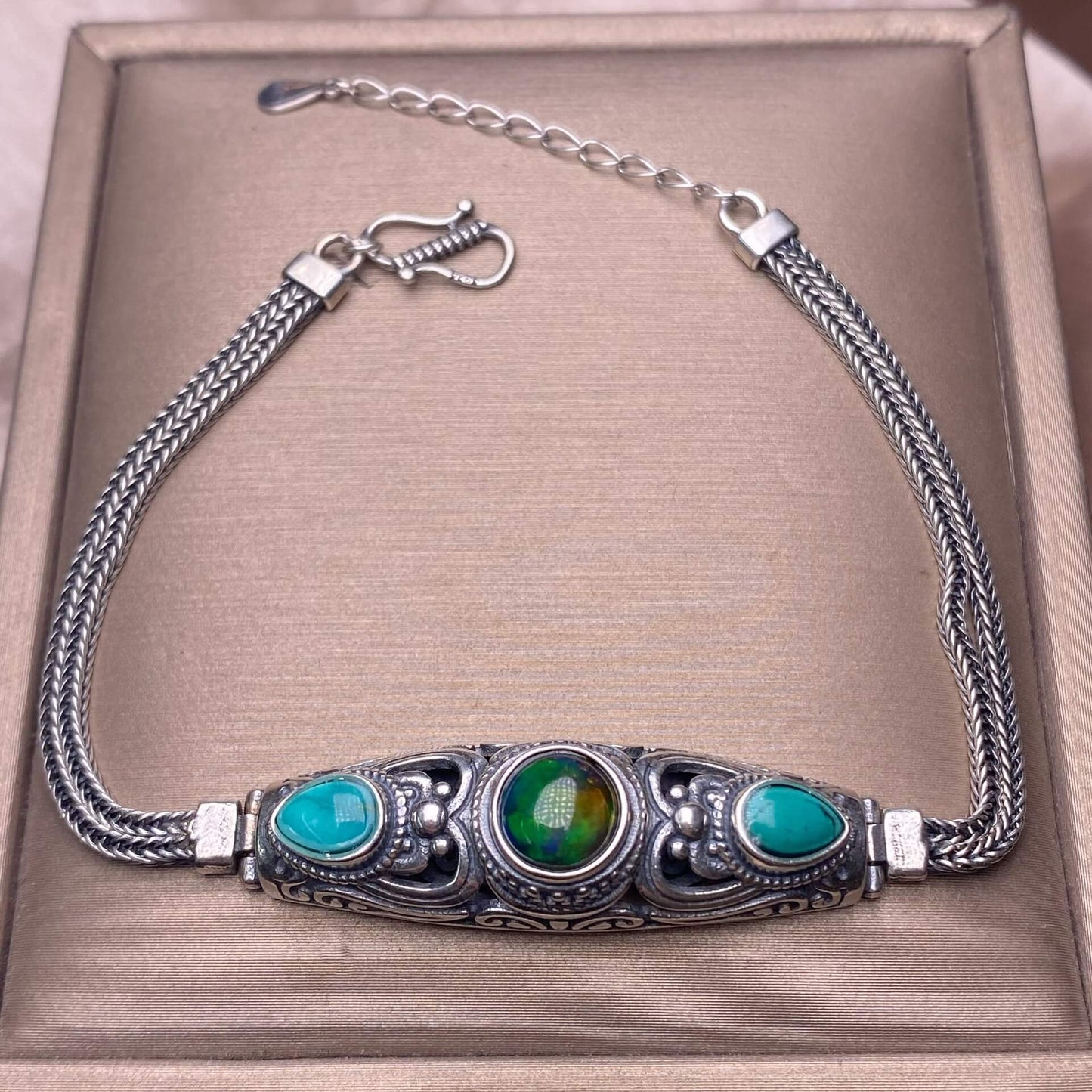 Black Opal Amethyst Lalima sea-patterned stone pink topa Opal s925 silver inlaid retro Nepalese style, exaggerated and niche Opal jewelry, dazzling and free of cracksry 2025 GMSB1