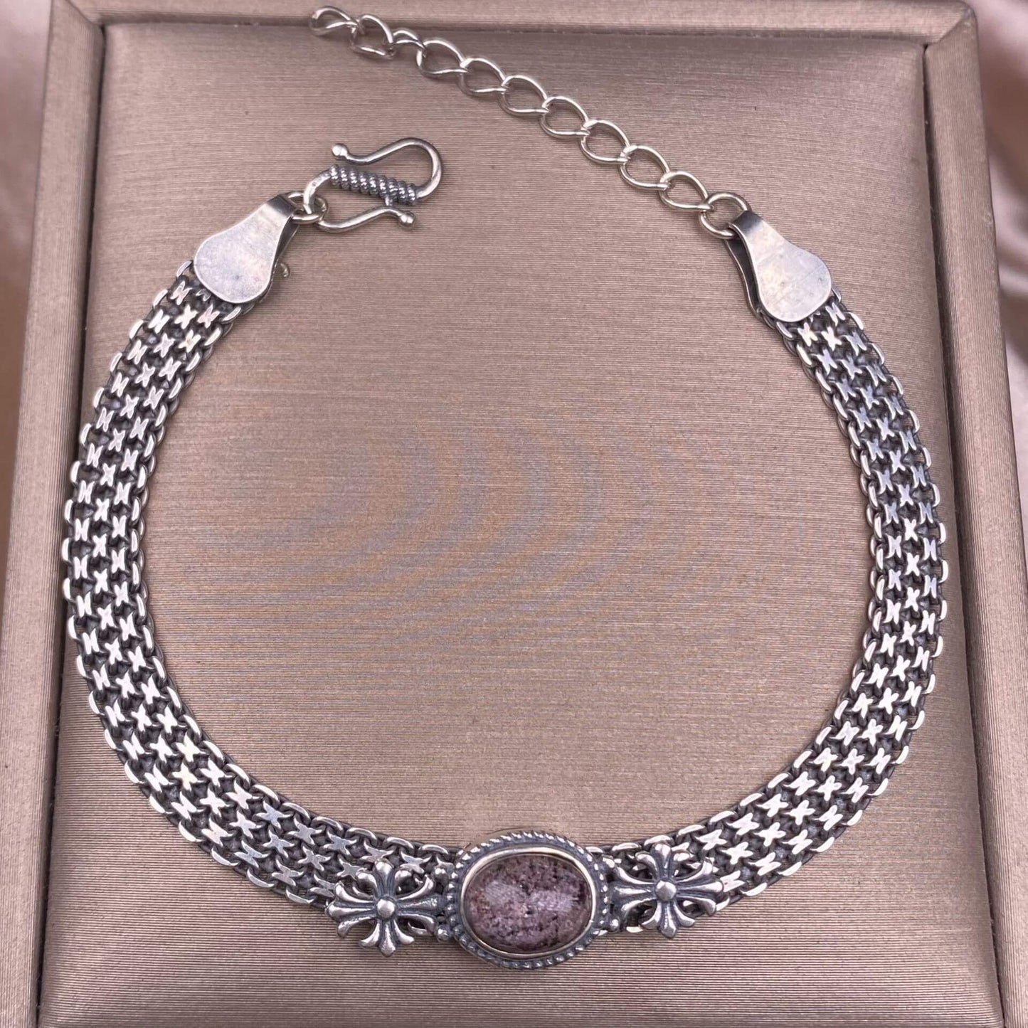 Ghost Amber Sea pattern stone, grape stone, Golden Sun, blue crystal stone, abalone shell, old wax, purple dragon crystal, black opal, golden fortune stone, yellow crystal, opal Bracelet S925 silver inlaid retro silver jewelry Wide Tank Chain