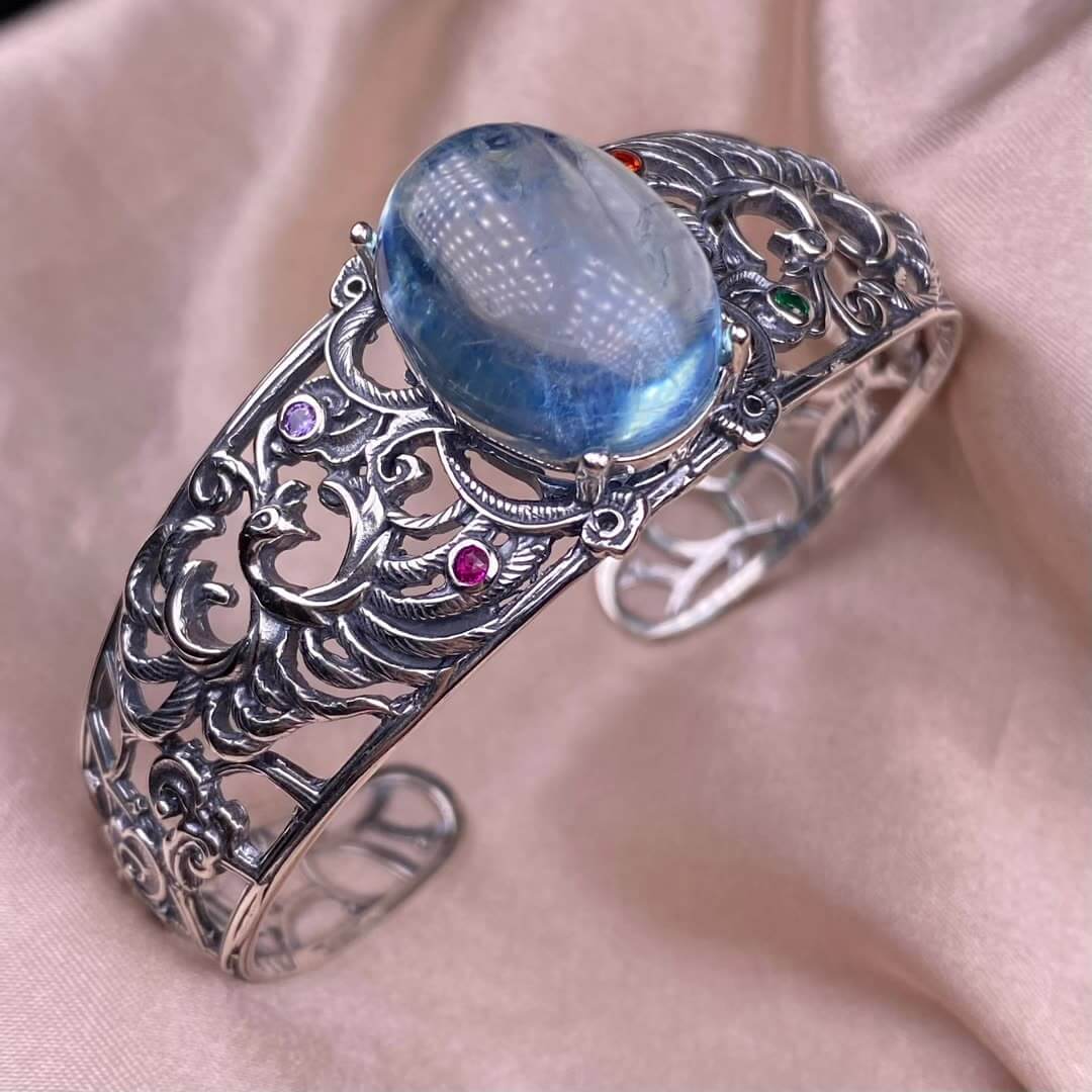 Purple dragon crystal, aquamarine bangle bracelet S925, silver inlaid, retro open bracelet