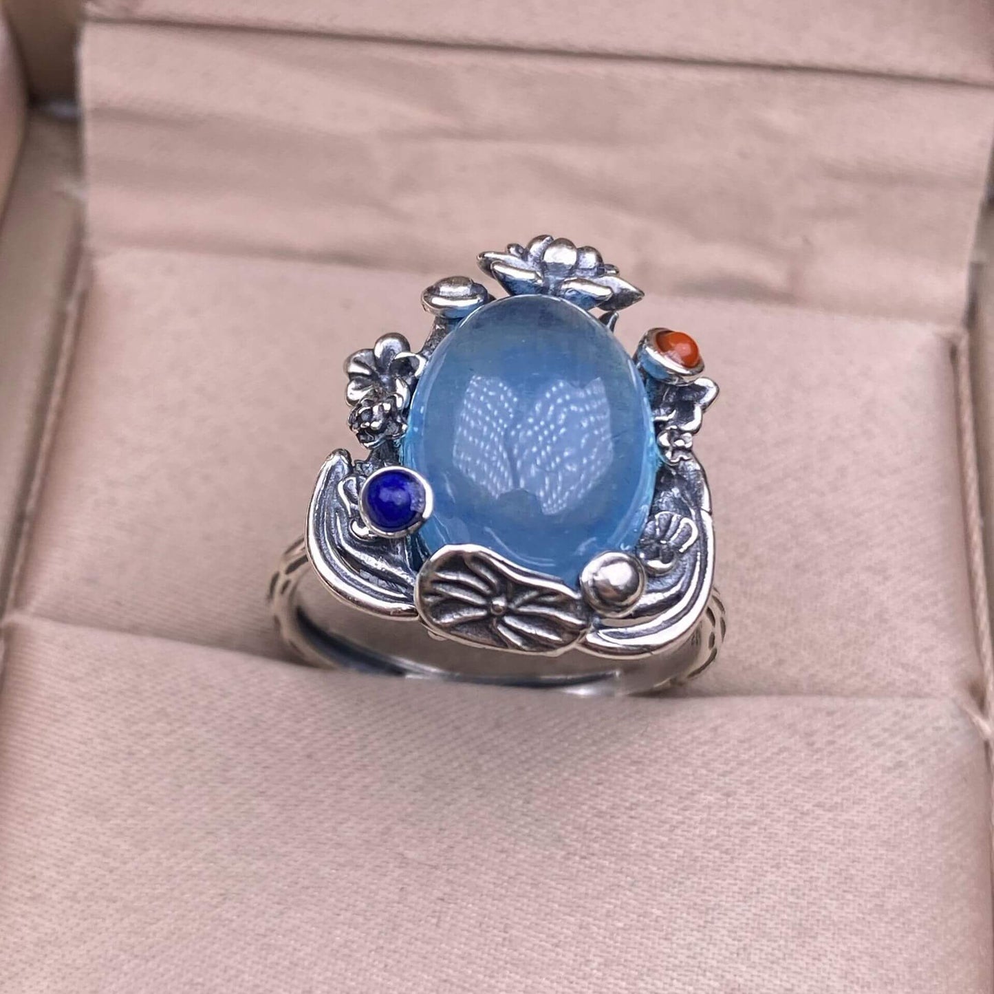 Aquamarine Lapis lazuli, raw blood amber, amethyst, golden sun, purple dragon crystal ring s925, silver inlaid with retro silver, exquisite Nepalese aged women's jewelry, European and American cross-border ring