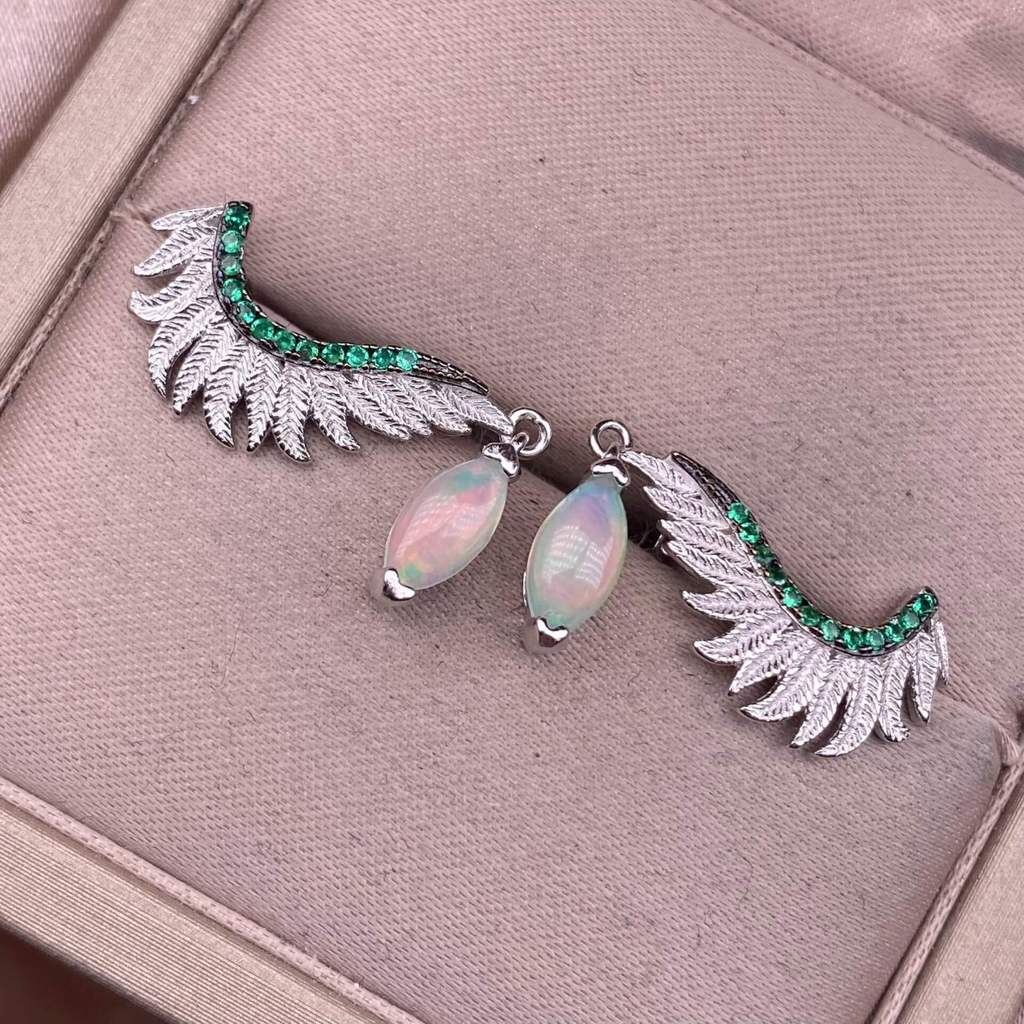 Opal Peridot garnet earrings S925, silver inlaid with full diamonds, feather style, Aubao colorful ear buckles, fashionable OL earrings, horse eye Opal