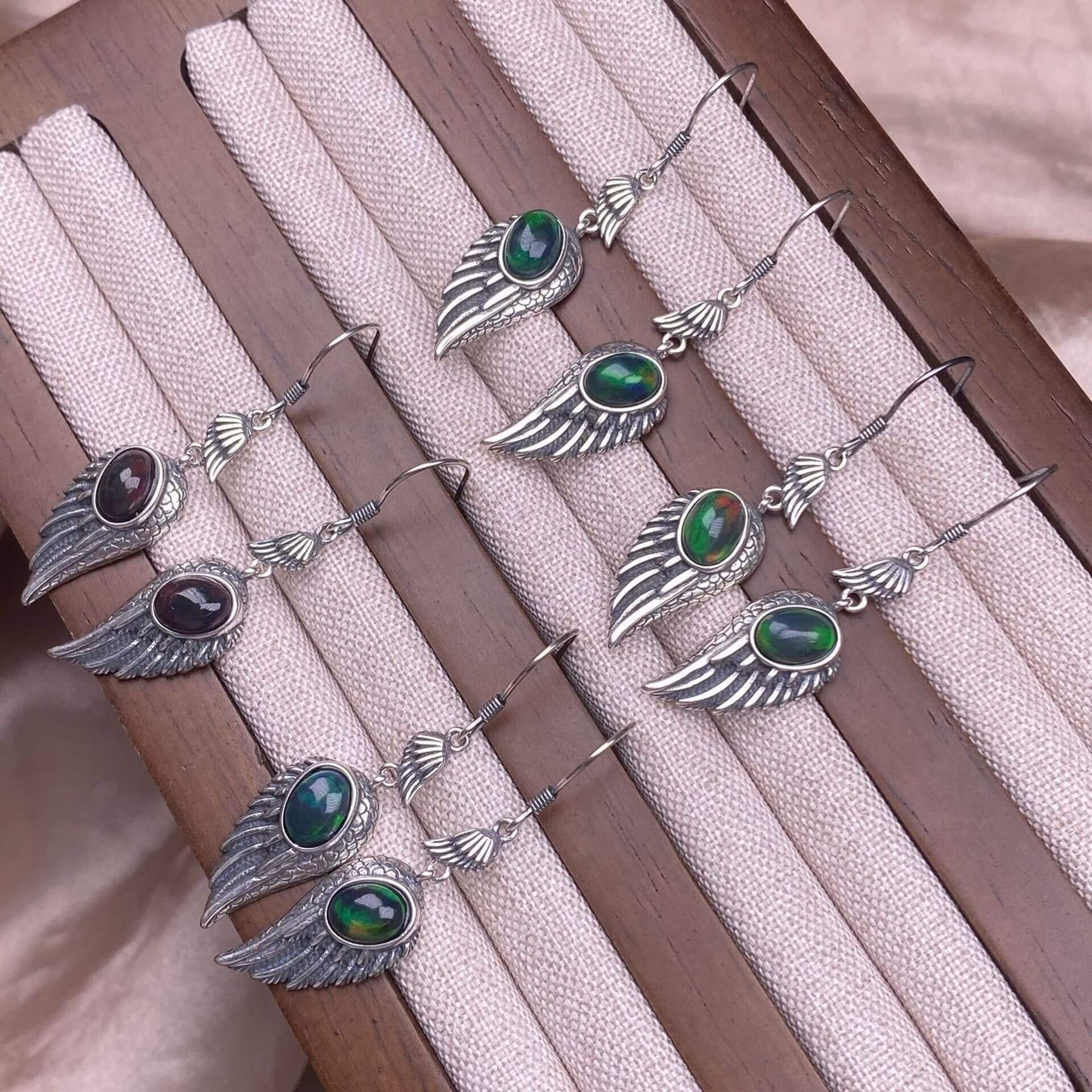 Garnet, black opal, black shell, white shell, tea crystal, purple dragon crystal wings earrings S925 (Copy)