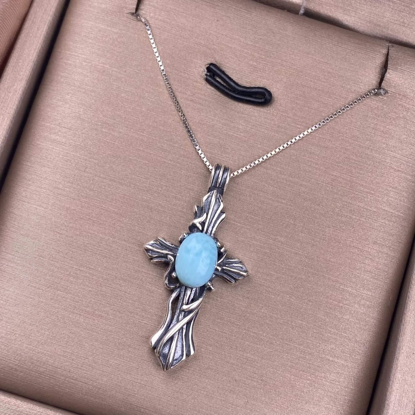 Opal, abalone shell, Larima sea crest stone, grey moonstone, aquamarine, jasper, citrine, turquoise, old waxS925 silver inlaid retro silver cross pendant, aged, personalized and fashionable OL necklace Pendant