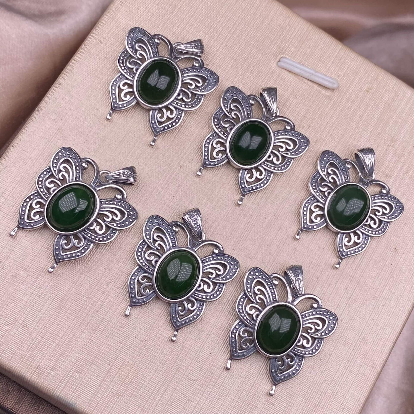 Lalima sea Pattern Stone Rose quartz, blue moonstone, aquamarine, old wax, flower amber, amethyst, turquoise, Hetian jade, grape stone pendant S925 silver inlaid retro butterfly necklace pendant