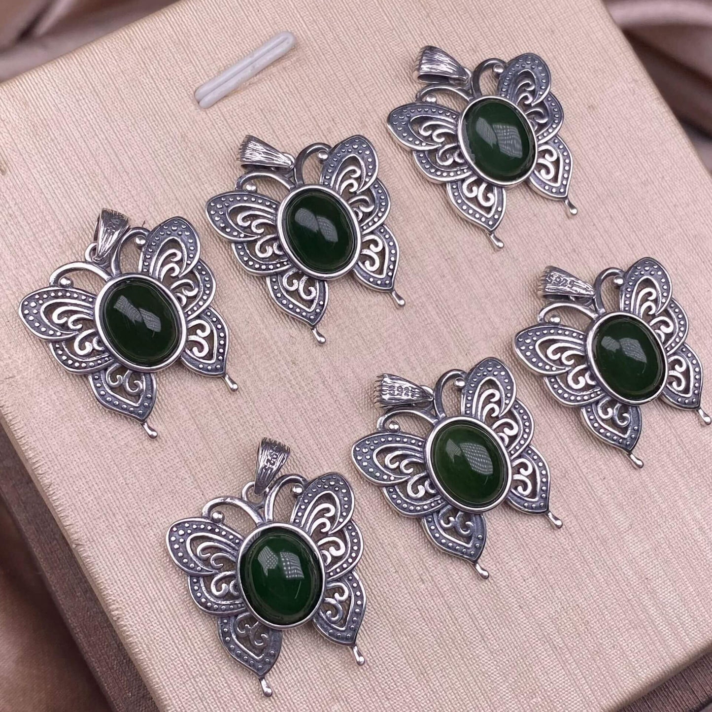 Lalima sea Pattern Stone Rose quartz, blue moonstone, aquamarine, old wax, flower amber, amethyst, turquoise, Hetian jade, grape stone pendant S925 silver inlaid retro butterfly necklace pendant