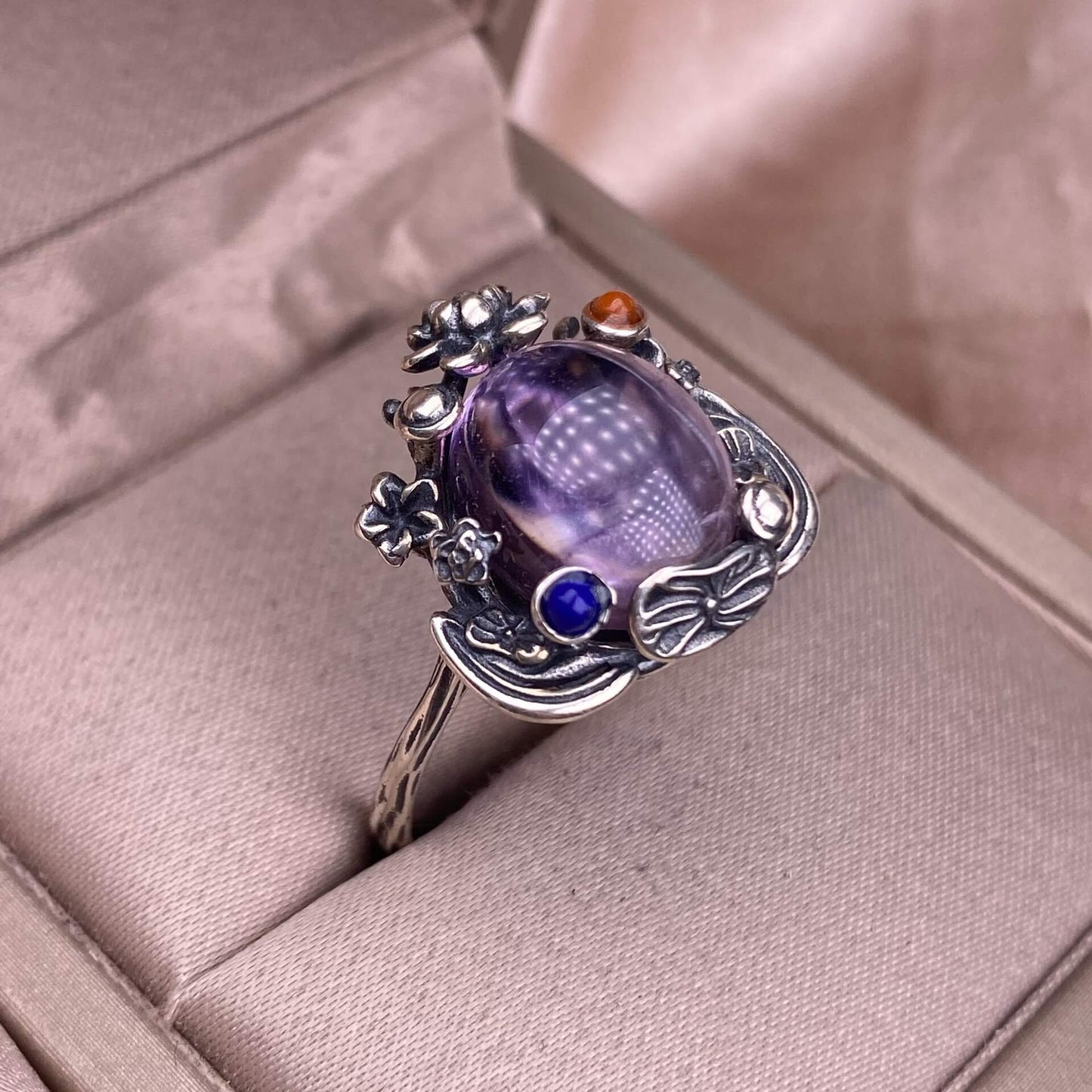 Aquamarine Lapis lazuli, raw blood amber, amethyst, golden sun, purple dragon crystal ring s925, silver inlaid with retro silver, exquisite Nepalese aged women's jewelry, European and American cross-border ring