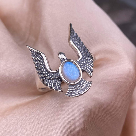 London blue topaz, Swiss blue topaz, grey moonstone, Golden Fortune stone ring S925 in silver eagle shaped silveer ring